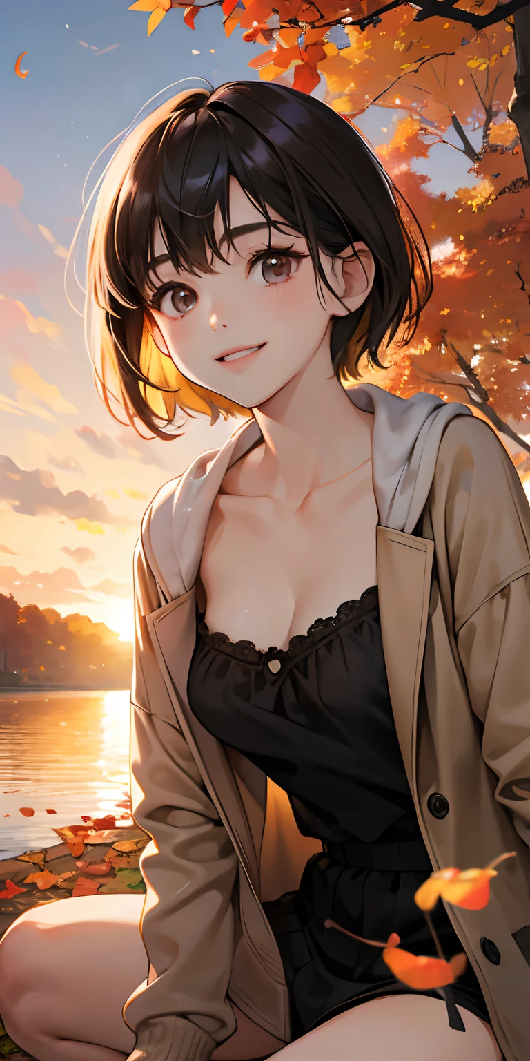 realisticlying、 female child、Outdoohion、Gingko tree、Beautiful autumn leaves、Slightly larger breasts with an emphasis on cleavage、Versatile sexy poses、The sky turns red at sunset、Face smile