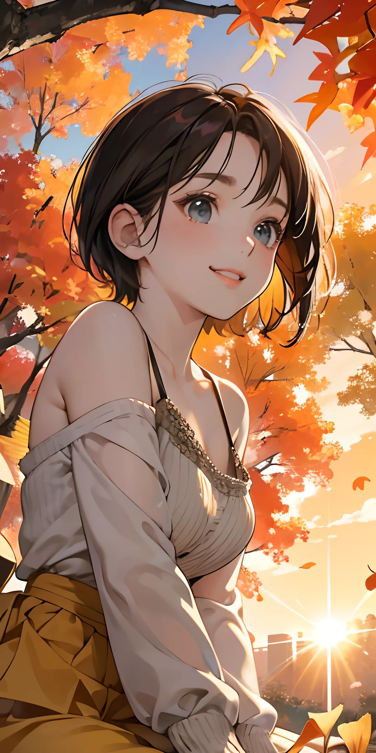 realisticlying、10 years old female child、Outdoor Fashion、Dynamic close-up looking up from under a ginkgo tree、Beautiful autumn leaves、Slightly larger breasts with an emphasis on cleavage、Versatile sexy poses、The sky turns red at sunset、Face smile