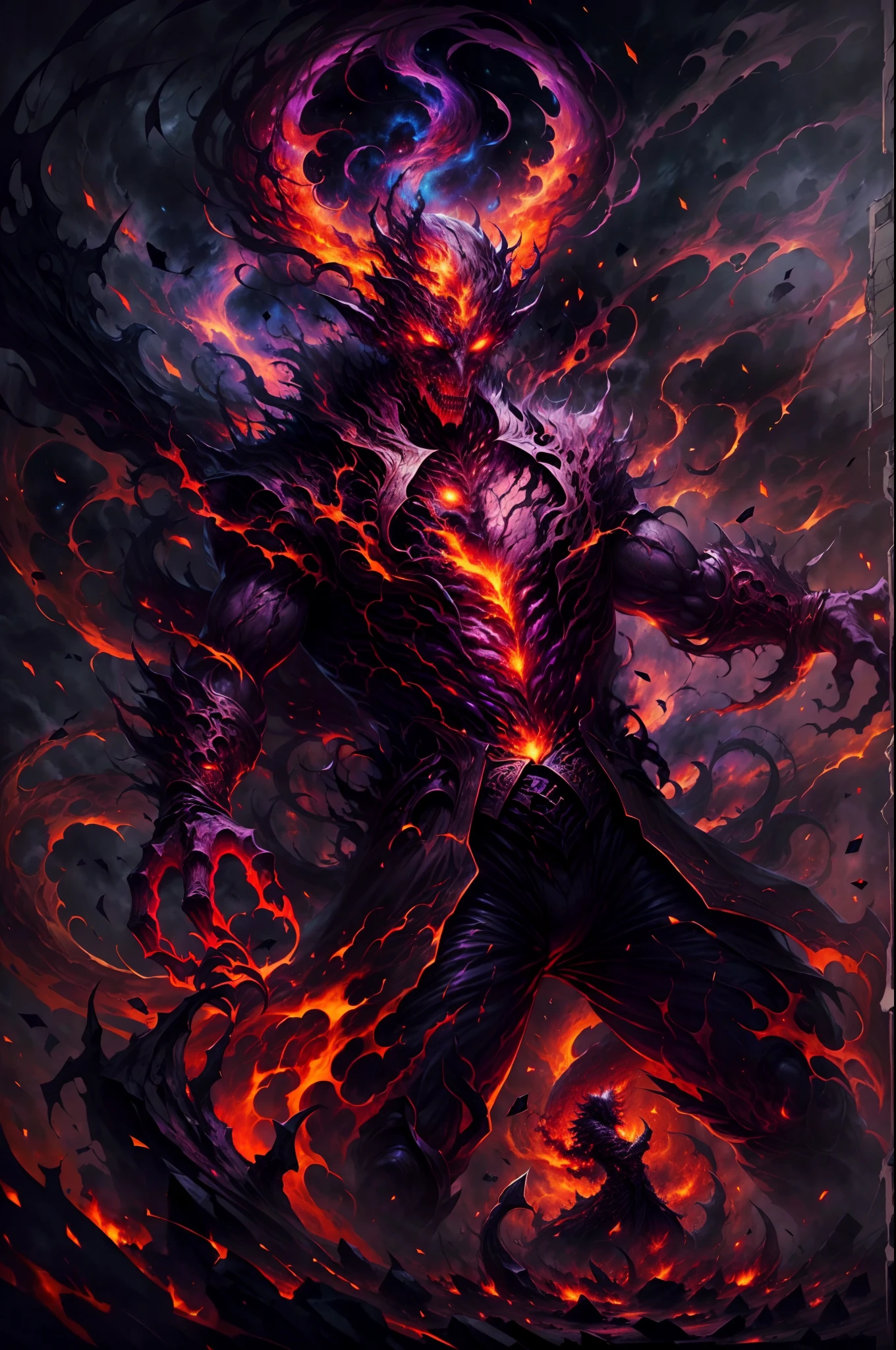 Image of a chaos burning devil dressed in a vest as a hellish business manager,(glowing eyes, intense flames, smoke, dark and fiery background), (oil painting, highres), (ominous atmosphere, intense heat), (sinister expression, powerful stance), (demonic aura, chaotic energy), (hellish colors, fiery red and orange), (dramatic lighting, shadows and highlights), (fine details, intricate textures), (mythical creature, supernatural), (surreal and captivating), (epic and terrifying), (nightmarish and awe-inspiring), (bold and dynamic), (magical realism), (sinister beauty), (descent into darkness).