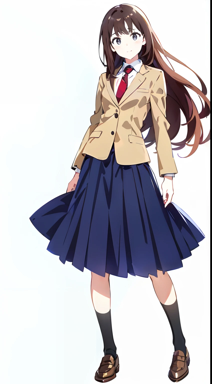 (white background:1.2), (best quality:1.2), (masterpiece:1.2), (full body:1.0), (solo:1.0), (a girl:1.0), (long skirt:1.1), (dark blue skirt:1.0), (pleated skirt:1.0), (school uniform beige blazer:1.1), (red necktie:1.0), (black socks:1.0), (loafers:1.0), (tall:1.1), (slender:1.1), (small breasts:1.1), (detailed beautiful eyes:1.0), (detailed beautiful face:1.0), (glowing black eyes:1.0), (long hair:1.0), (strait hair:1.0), (brown hair:1.0)