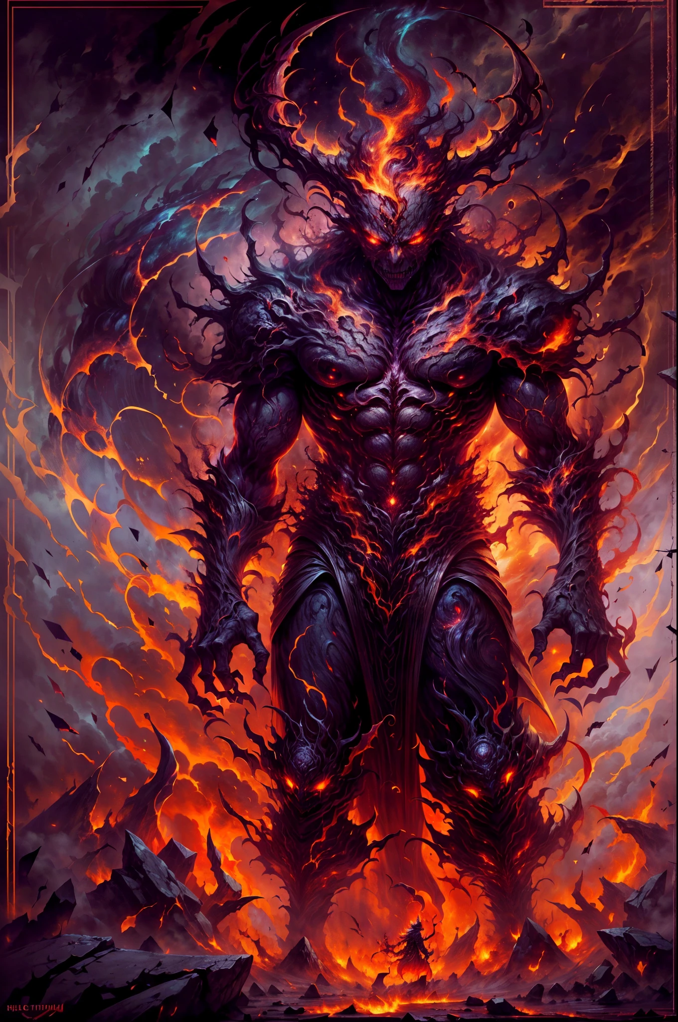 Image of a chaos burning devil dressed in a vest as a hellish business manager,(glowing eyes, intense flames, smoke, dark and fiery background), (oil painting, highres), (ominous atmosphere, intense heat), (sinister expression, powerful stance), (demonic aura, chaotic energy), (hellish colors, fiery red and orange), (dramatic lighting, shadows and highlights), (fine details, intricate textures), (mythical creature, supernatural), (surreal and captivating), (epic and terrifying), (nightmarish and awe-inspiring), (bold and dynamic), (magical realism), (sinister beauty), (descent into darkness).