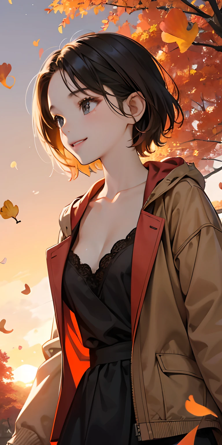 realisticlying、10 years old female child、Outdoor Fashion、Gingko tree、Beautiful autumn leaves、Slightly larger breasts with an emphasis on cleavage、Versatile sexy poses、The sky turns red at sunset、Face smile