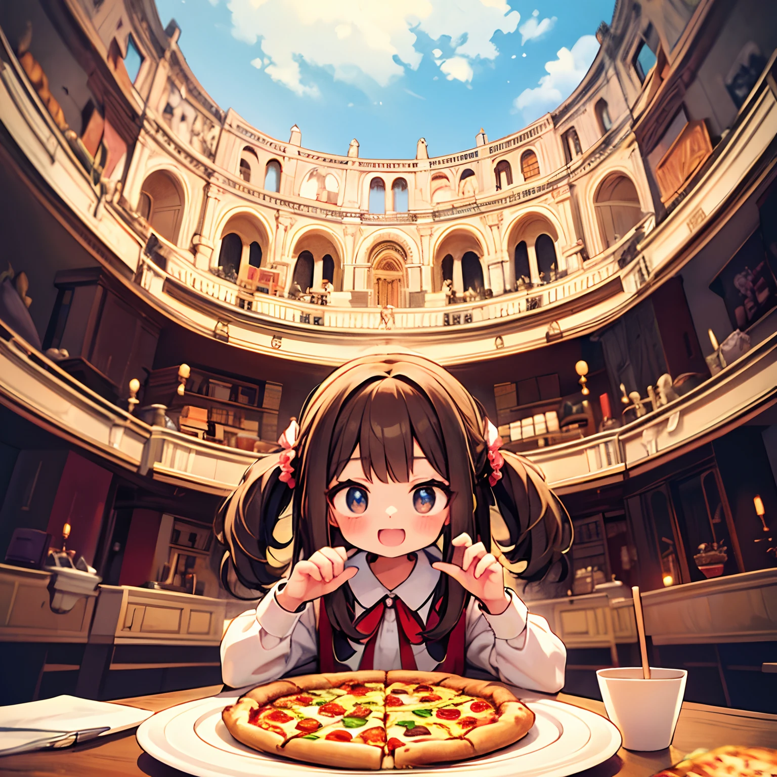 Rome Sightseeing、colosseum、Kawaii Girl、happily face、pizza、Traditional Roman costume、Brown skin、masterpiece、top-quality、Top image quality