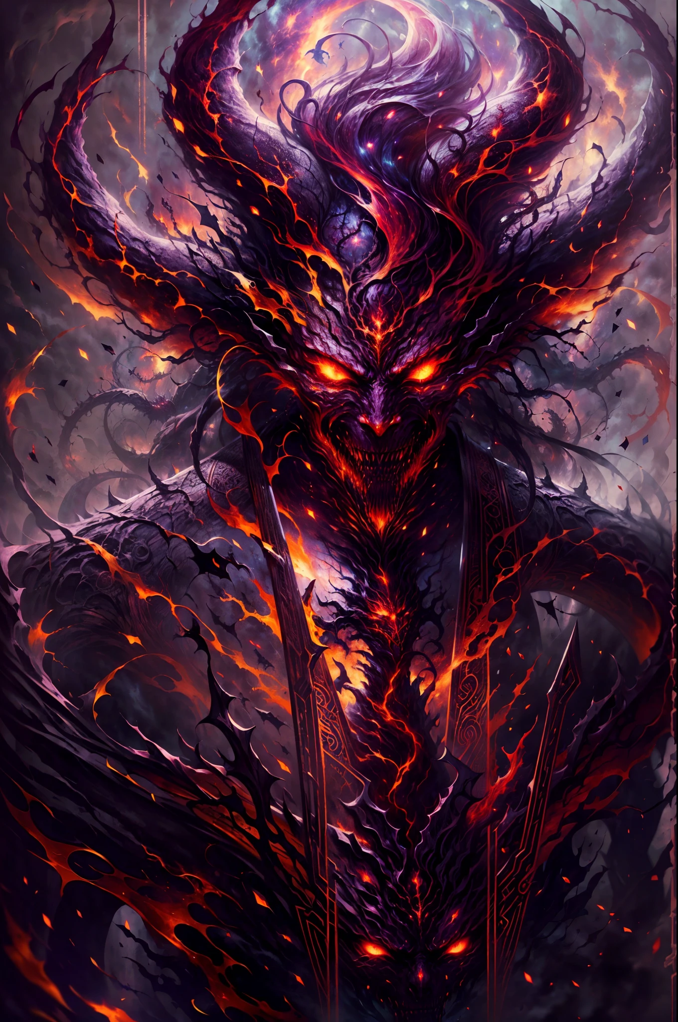 Image of a chaos burning devil dressed in a vest as a hellish business manager,calm expression, handsome red skin devil,(glowing eyes, intense flames, smoke, dark and fiery background), (oil painting, highres), (ominous atmosphere, intense heat), (sinister expression, powerful stance), (demonic aura, chaotic energy), (hellish colors, fiery red and orange), (dramatic lighting, shadows and highlights), (fine details, intricate textures), (mythical creature, supernatural), (surreal and captivating), (epic and terrifying), (nightmarish and awe-inspiring), (bold and dynamic), (magical realism), (sinister beauty), (descent into darkness).