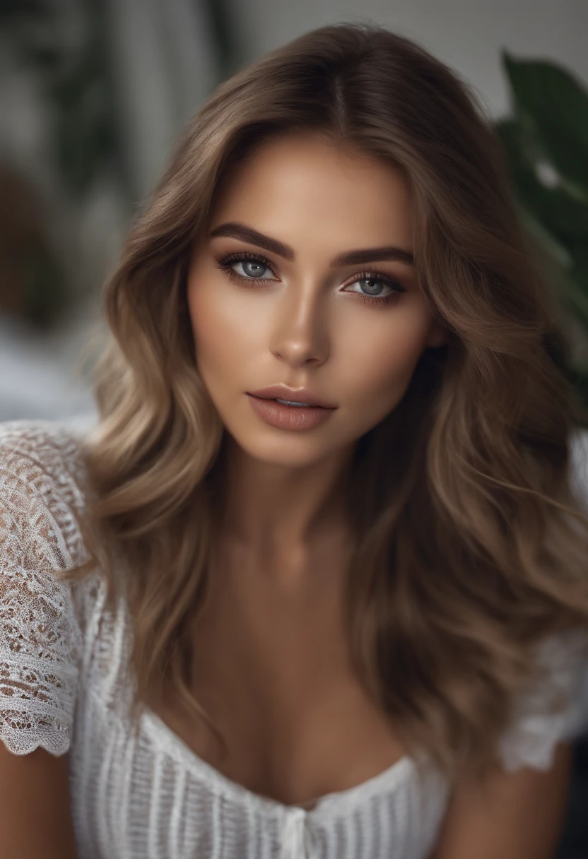 Arafed woman completely , fille sexy latina aux yeux bleus, ultra realist, Meticulously detailed, Portrait Sophie Mudd, cheveux blonds et grands yeux, selfie of a young woman, Yeux de chambre, Violet Myers, sans maquillage, maquillage naturel, looking straight at camera, Visage avec Artgram, Maquillage subtil, Great photo of the whole body kneeling on the bed, dans la chambre, Medium to large bust