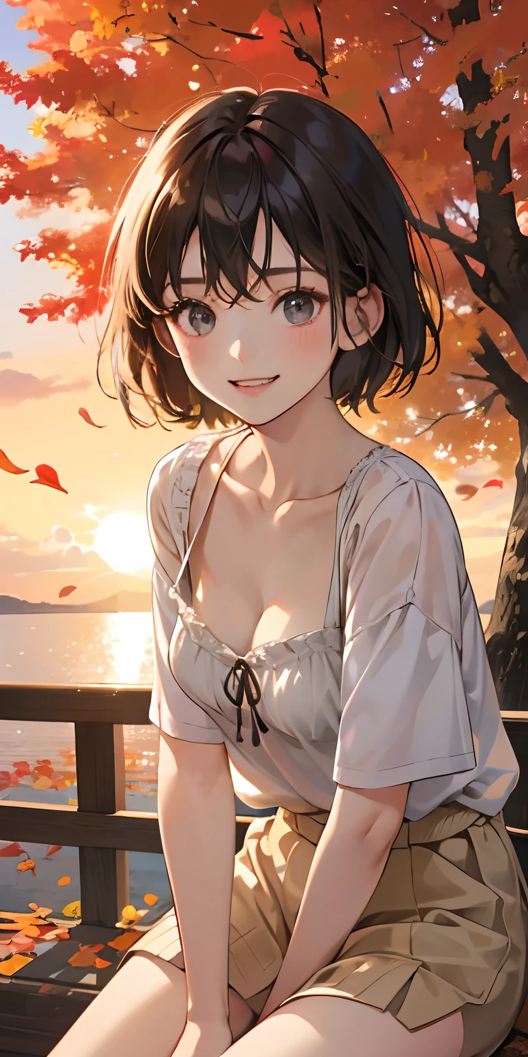 realisticlying、10 years old female child、Outdoor Fashion、Thigh emphasis gingko tree、Beautiful autumn leaves、Slightly larger breasts with an emphasis on cleavage、Versatile sexy poses、The sky turns red at sunset、Face smile