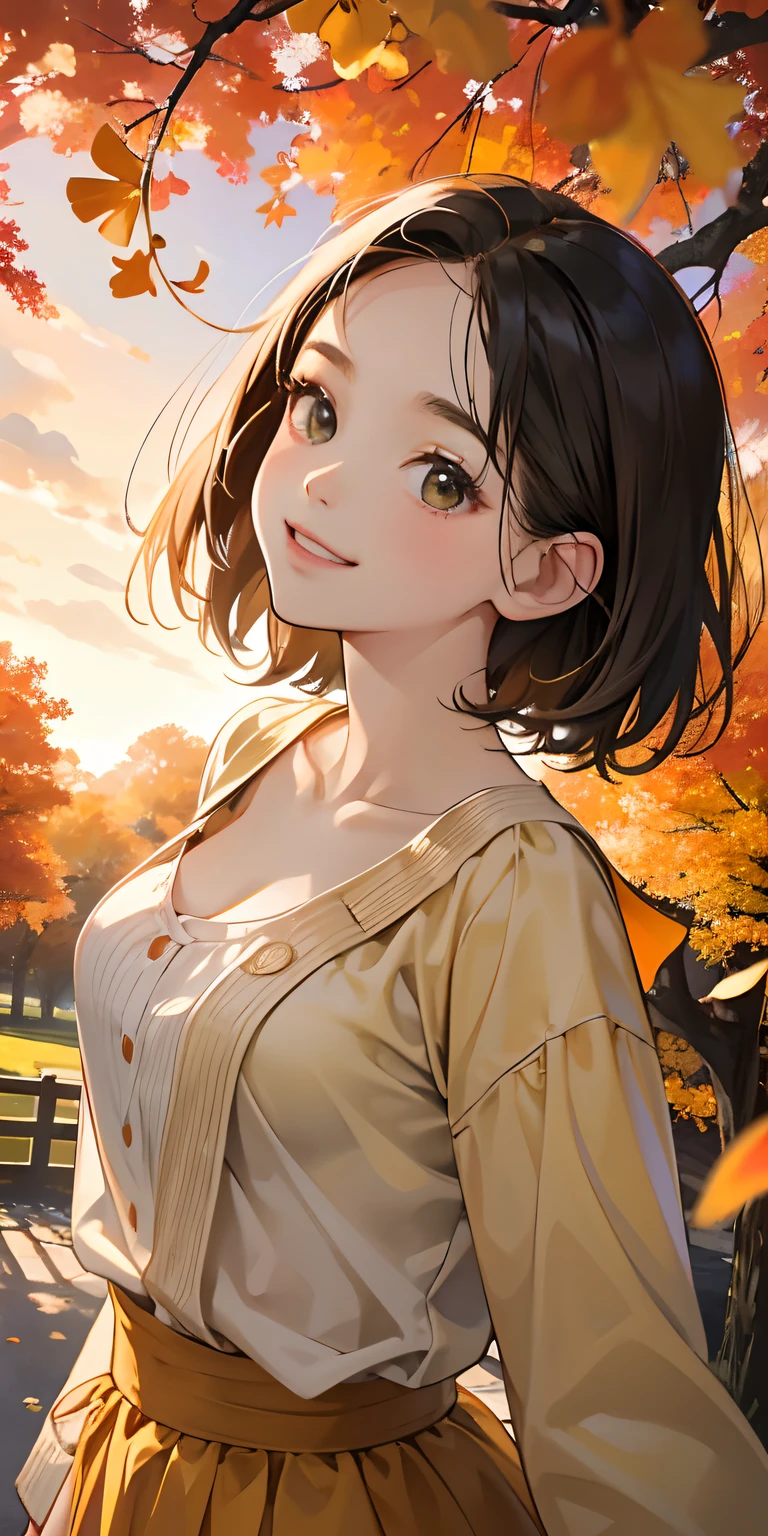 realisticlying、10 years old female child、Outdoor Fashion、Dynamic close-up looking up from under a ginkgo tree、Beautiful autumn leaves、Slightly larger breasts with an emphasis on cleavage、Versatile sexy poses、The sky turns red at sunset、Face smile