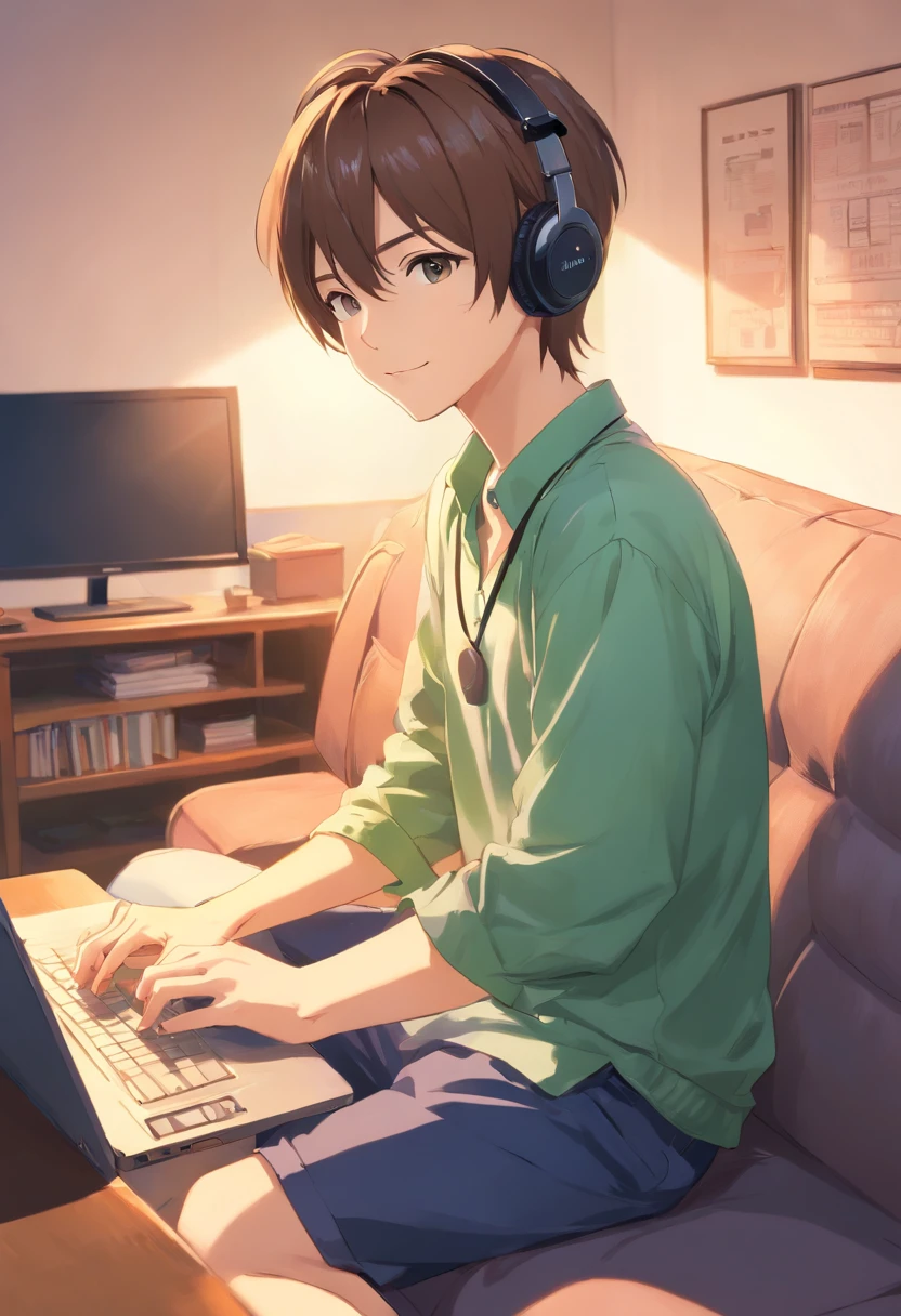 (​masterpiece、top-quality:1.2)、High school students、man、Wearing headphones around your neck、Facing diagonally forward、is standing、Viewer's Perspective、牙、A smile、Holding a laptop in your right hand、Simple backgrounds、Background Green、sitting in the couch, White buttoned shirt, Looking at Viewer, High quality, Best Quality, Bleach Anime Style