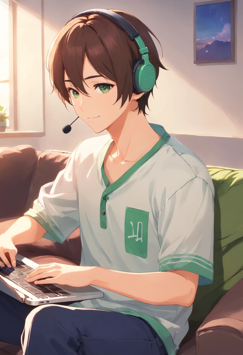 (masterpiece、top-quality:1.2)、High school students、man、Wearing headphones around your neck、Facing diagonally forward、is standing、Viewer's Perspective、牙、A smile、Holding a laptop in your right hand、Simple backgrounds、Background Green、sitting in the couch, White buttoned shirt, Looking at Viewer, High quality, Best Quality, Bleach Anime Style