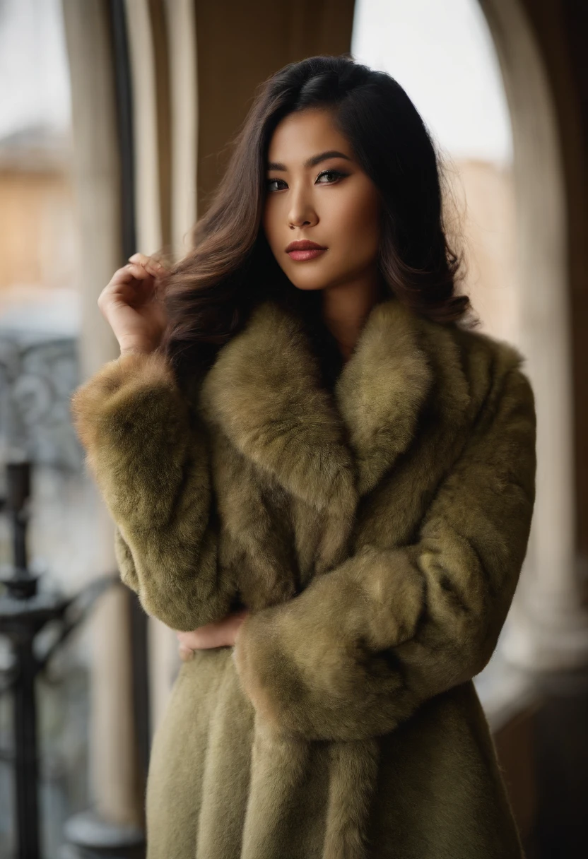A pretty model, asian, latina, 21 years old, tall, Green eyes, big bust,big ass wide hips, black hairs, dressed in a long fur coat