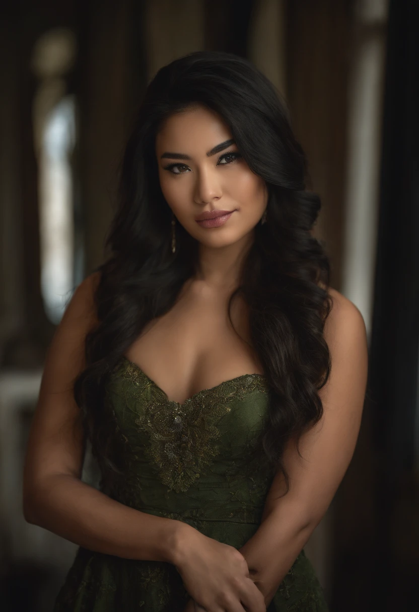 A pretty model, asian, latina, 21 years old, tall, Green eyes, big bust,big ass wide hips, black hairs, dressed in a long fur coat