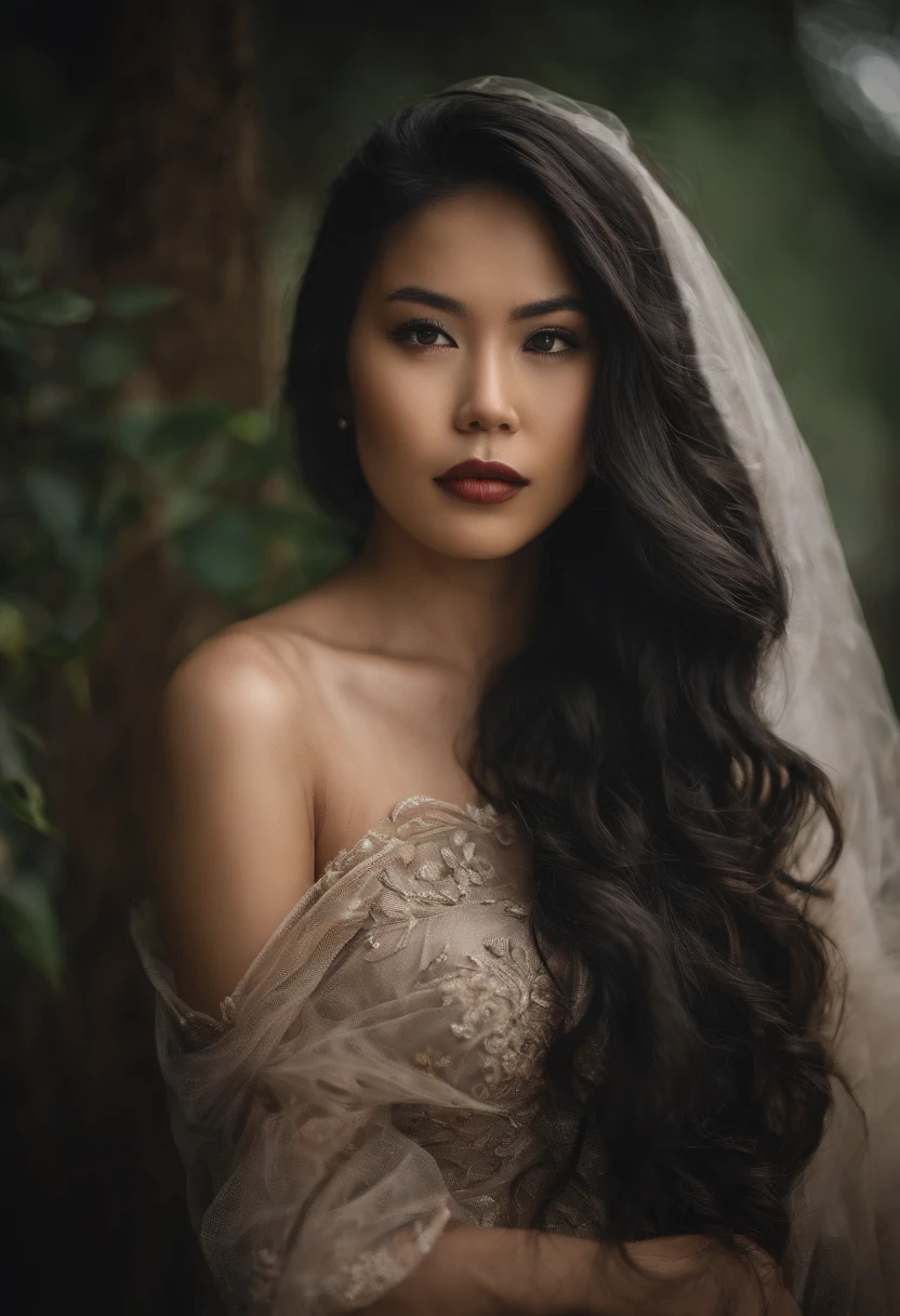 A pretty model, asian, latina, 21 years old, tall, Green eyes, big bust,big ass wide hips, black hairs, dressed in a long fur coat
