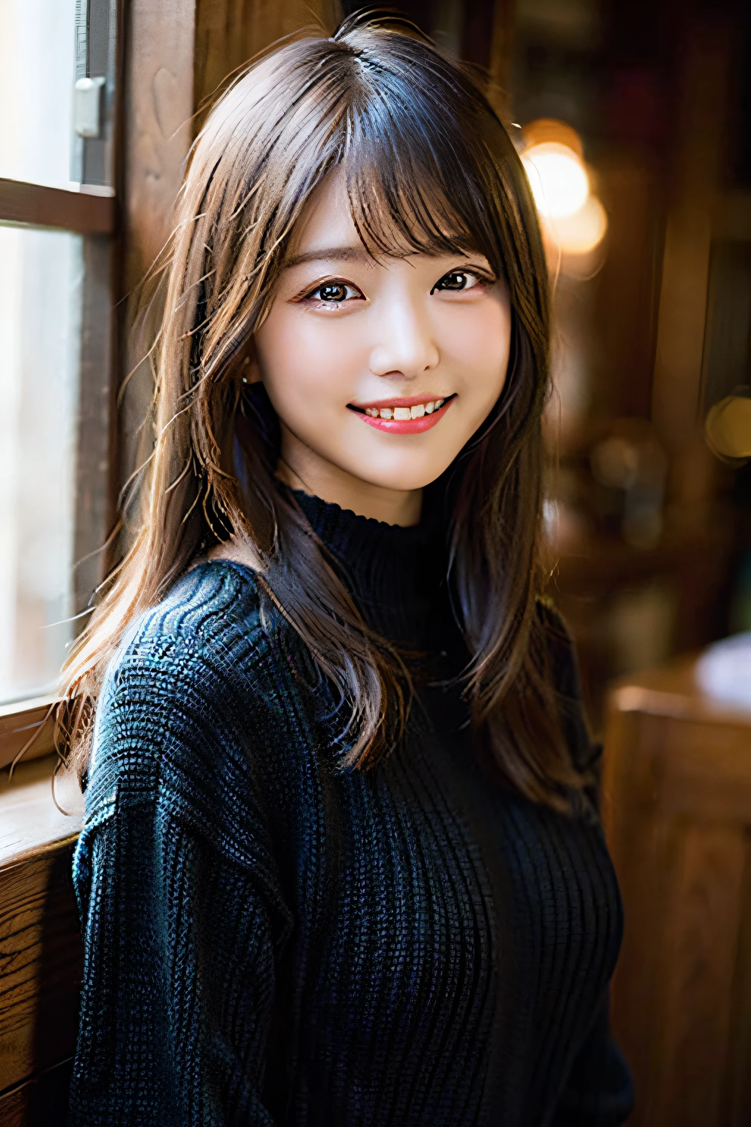 (8K、Raw photography、top-quality、masterpiece:1.2)、(realisitic、Photorealsitic:1.37)、ultra-detailliert、超A high resolution、1人、see the beholder、beautifull detailed face、A smile、Constriction、(Slim waist) :1.3)、Colossal tits、Beautiful detailed skin、Skin Texture、Floating hair、Blurred background、inside in room、Whole human body、Black hair、Wearing a knitted dress with long sleeves、Smile、Japanese Models、ssmile