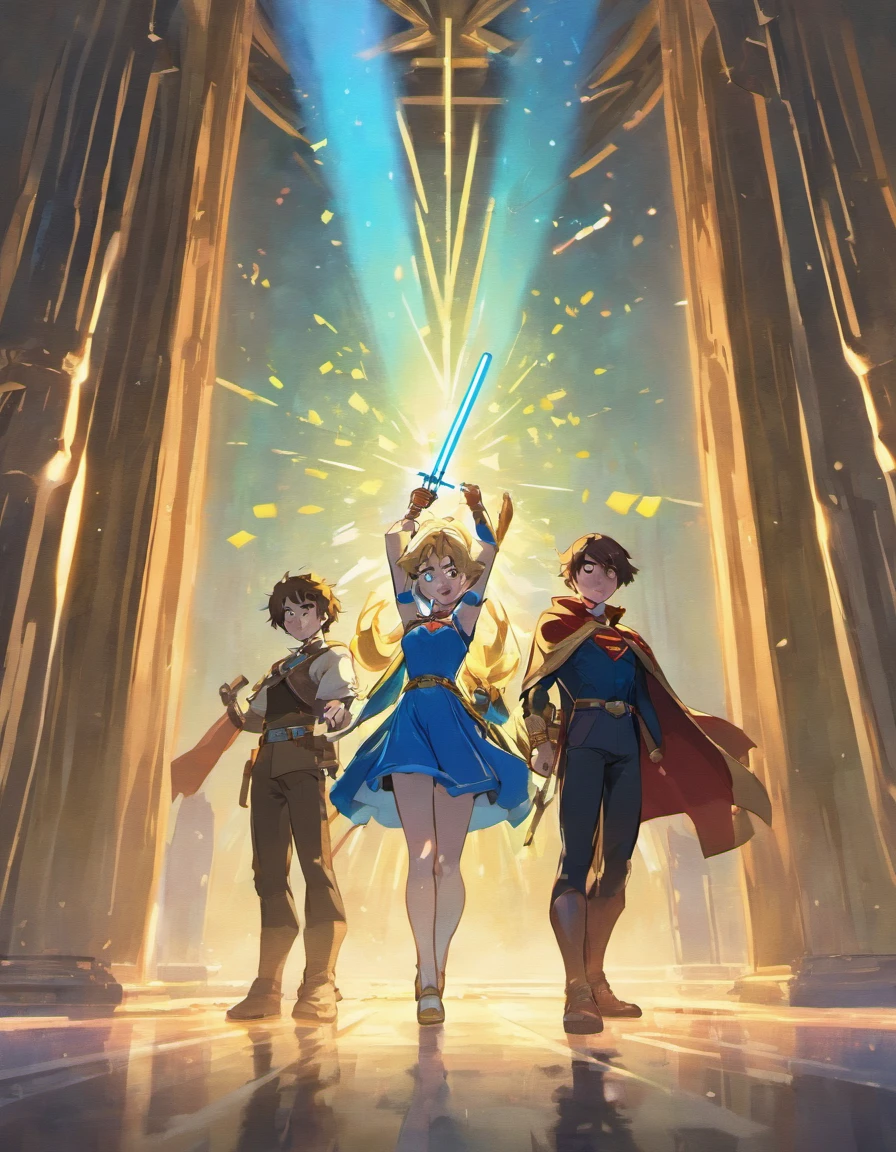 Two young boys playing with Jedi lightsabers, one wearing a Batman symbol shirt and using a blue lightsaber, and the other wearing a Superman symbol shirt and using a red lightsaber. In the background, a landscape with a sky in shades of blue and wine with a castle made of playing cards and two towers, and in the window of the right tower a princess throwing confetti, while in the left tower there is a shadow with a wide smile and yellow eyes.