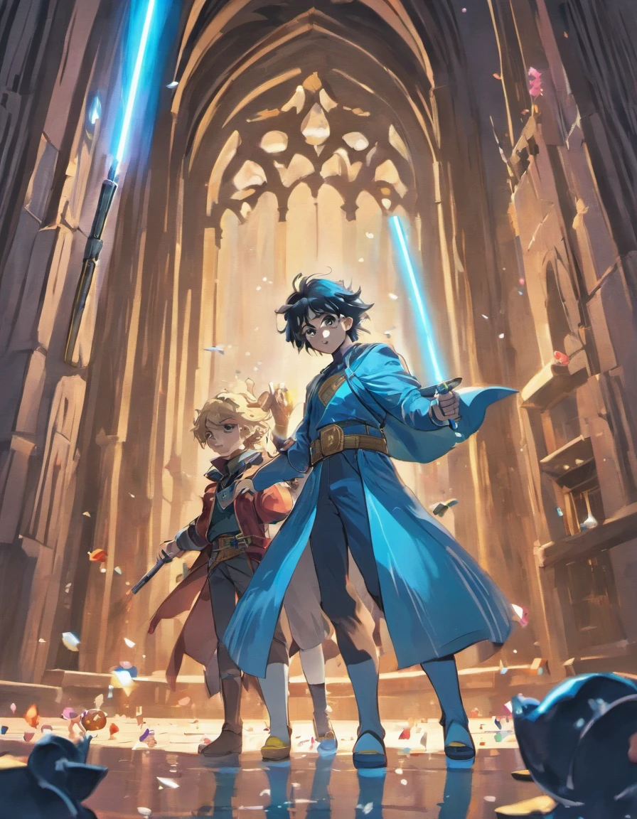 Two young boys playing with Jedi lightsabers, one wearing a Batman symbol shirt and using a blue lightsaber, and the other wearing a Superman symbol shirt and using a red lightsaber. In the background, a landscape with a sky in shades of blue and wine with a castle made of playing cards and two towers, and in the window of the right tower a princess throwing confetti, while in the left tower there is a shadow with a wide smile and yellow eyes.