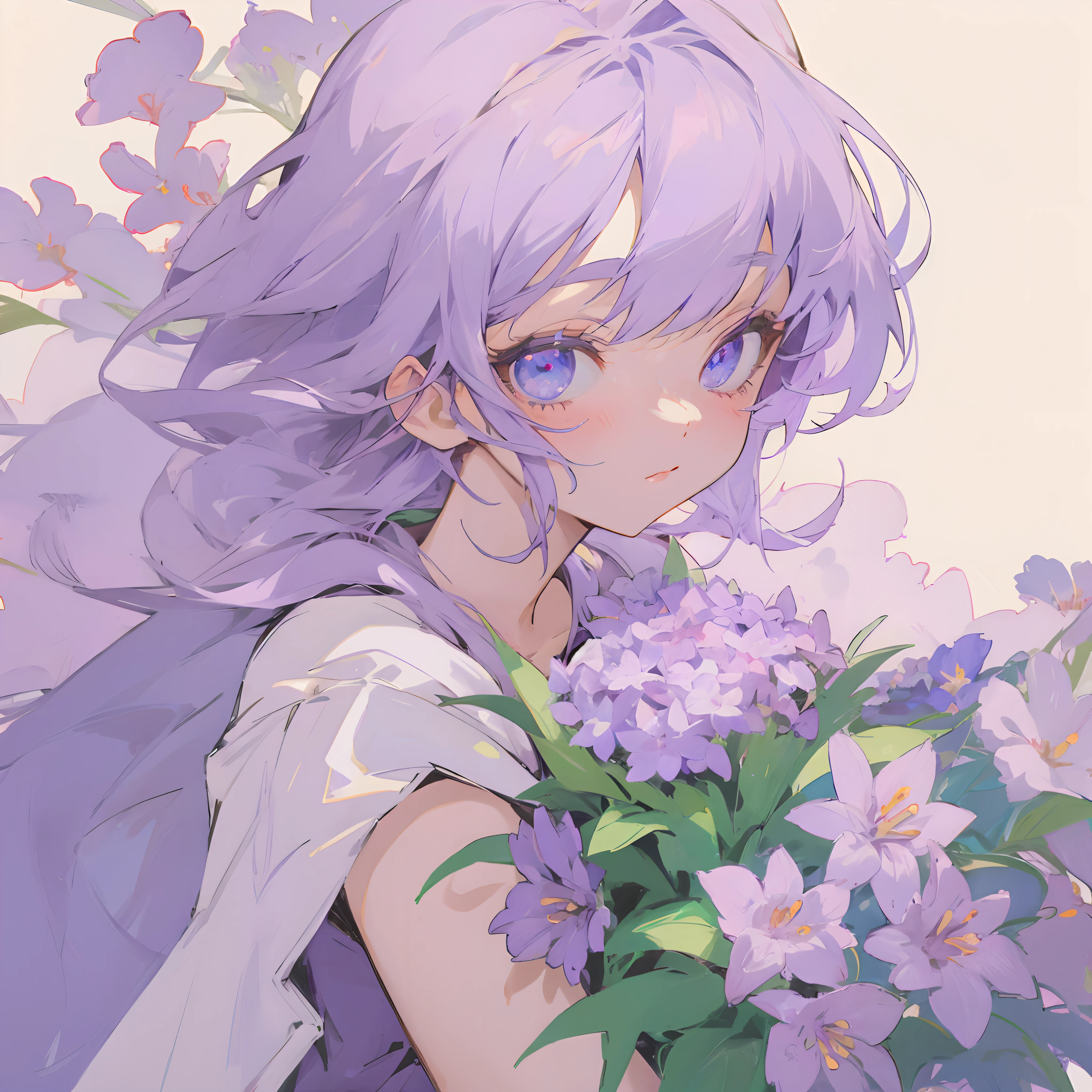 Anime girl with purple hair dressed in white holding a bouquet of purple flowers，Anime style portrait,