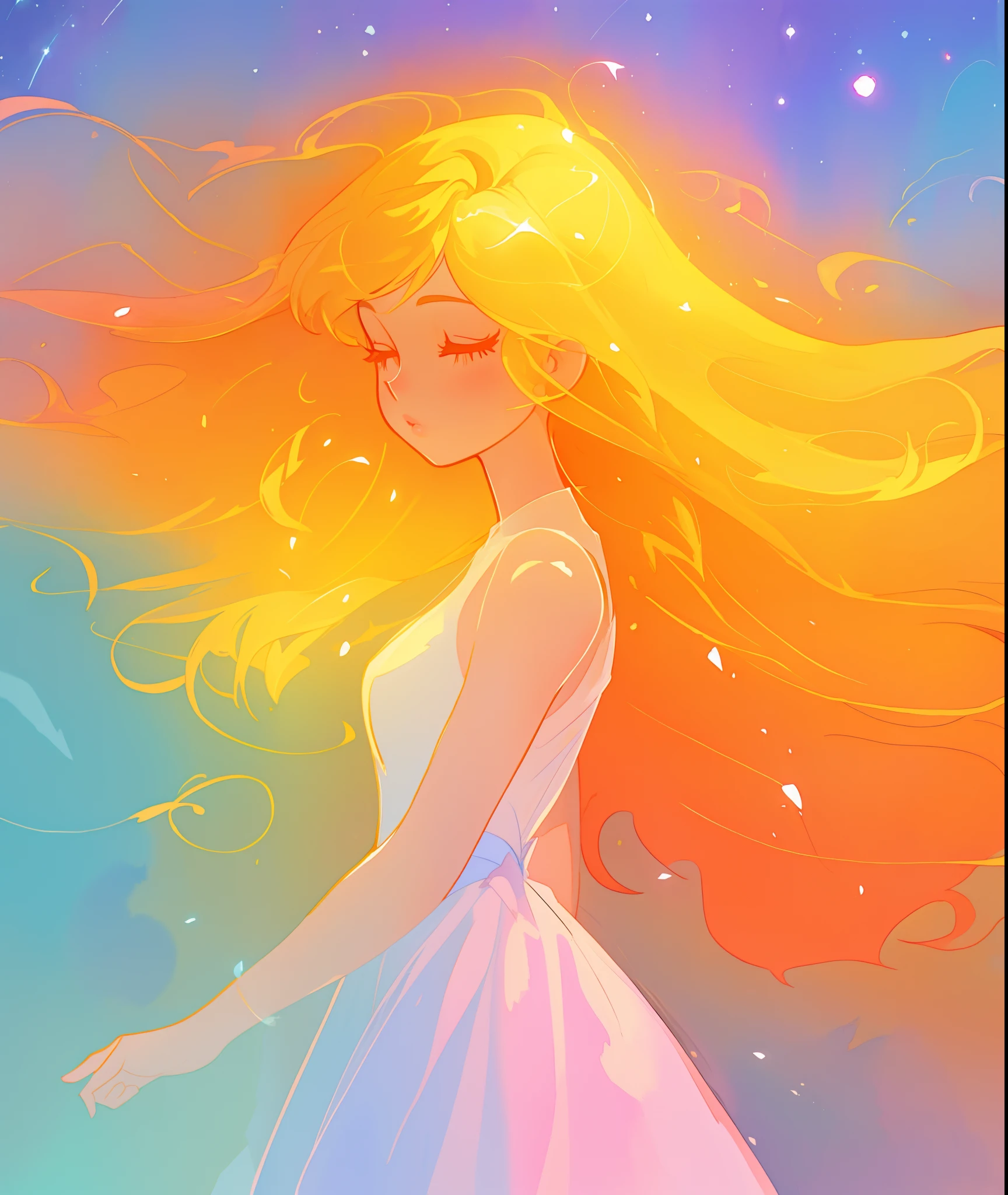 beautiful girl in white dress, fairy dress, long golden hair, watercolor illustration, inspired by Glen Keane, inspired by Lois van Baarle, disney art style, by Lois van Baarle, glowing aura around her, by Glen Keane, jen bartel, glowing lights! digital painting, flowing glowing hair, glowing flowing hair, beautiful digital illustration, fantasia otherworldly landscape plants flowers, beautiful, masterpiece, best quality, anime disney style