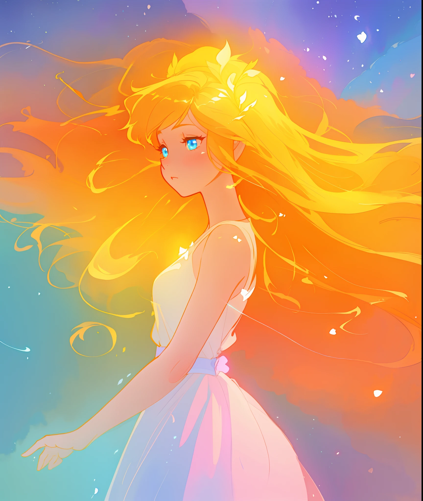 beautiful girl in white dress, fairy dress, long golden hair, watercolor illustration, inspired by Glen Keane, inspired by Lois van Baarle, disney art style, by Lois van Baarle, glowing aura around her, by Glen Keane, jen bartel, glowing lights! digital painting, flowing glowing hair, glowing flowing hair, beautiful digital illustration, fantasia otherworldly landscape plants flowers, beautiful, masterpiece, best quality, anime disney style
