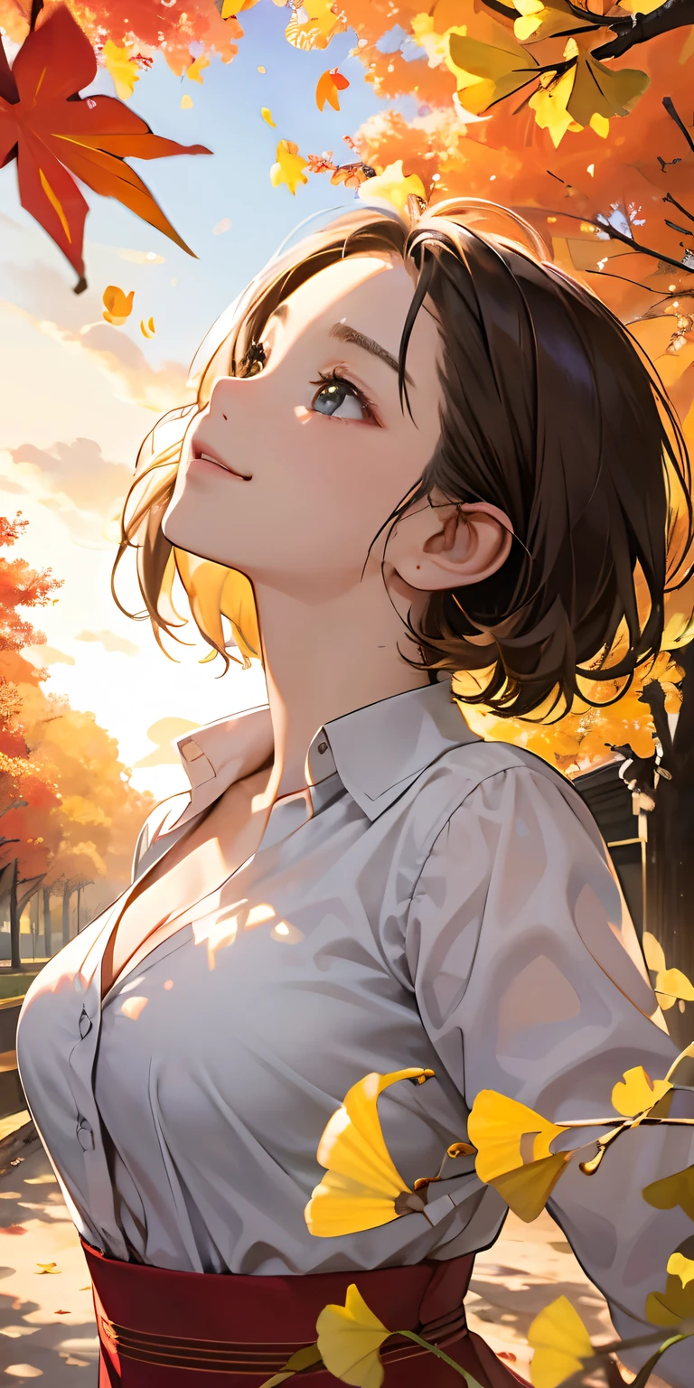 realisticlying、 female child、Outdoor Fashion、Dynamic close-up looking up from under a ginkgo tree、Beautiful autumn leaves、Slightly larger breasts with an emphasis on cleavage、Versatile sexy poses、The sky turns red at sunset、Face smile