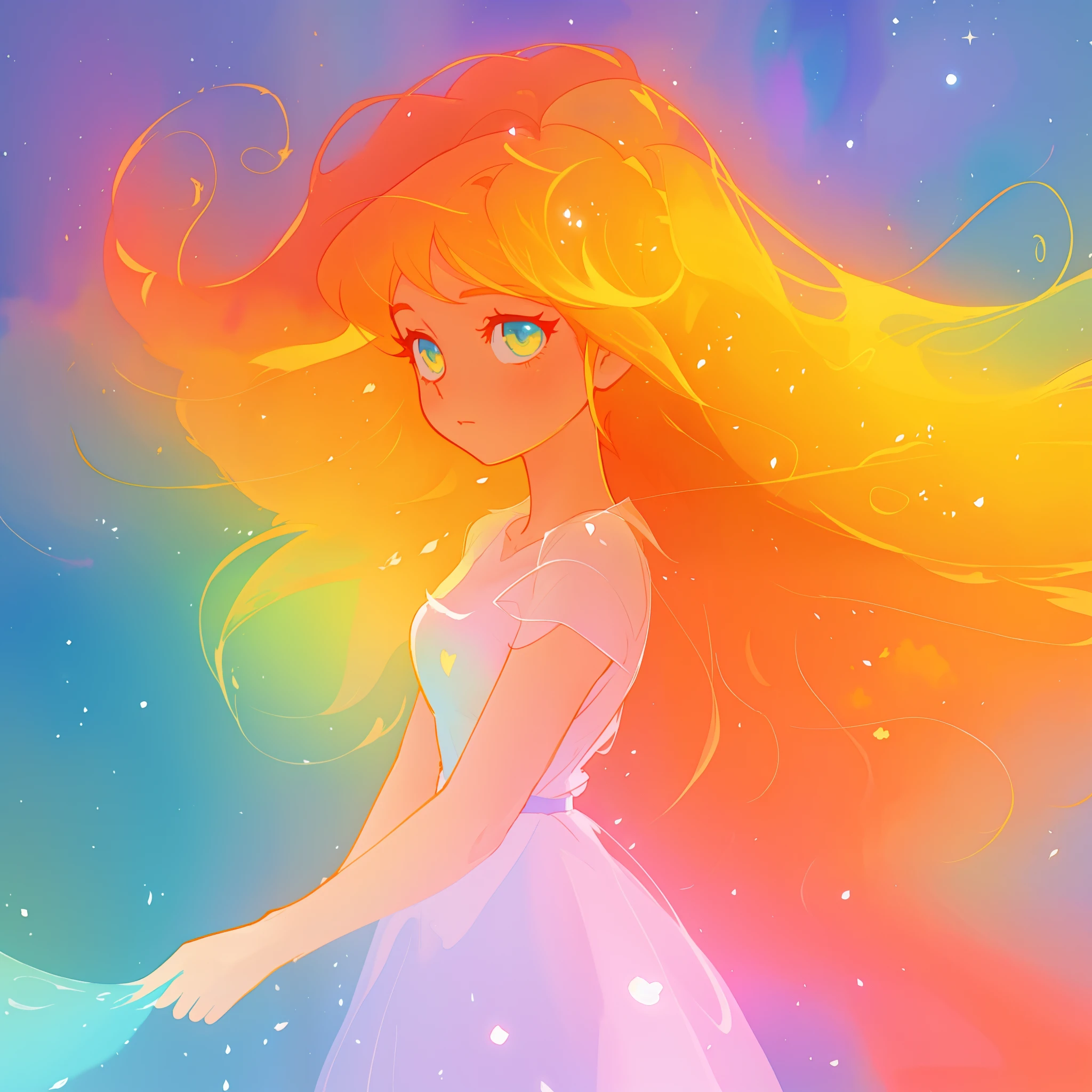 beautiful girl in white dress, fairy dress, long golden colorful hair, watercolor illustration, inspired by Glen Keane, inspired by Lois van Baarle, disney art style, by Lois van Baarle, glowing aura around her, by Glen Keane, jen bartel, glowing lights! digital painting, flowing glowing hair, glowing flowing hair, beautiful digital illustration, fantasia otherworldly landscape plants flowers, beautiful, masterpiece, best quality, anime disney style