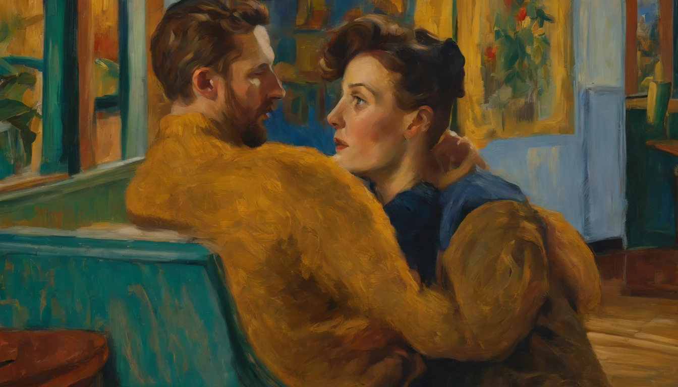 Create a Van Gogh-inspired art piece that captures the profound theme of two people who harbor mutual affection for each other but cannot express their feelings. Emulate Van Gogh's iconic style by using bold, swirling brushwork and vibrant, expressive colors.
Set the scene in a rustic or rural setting, with two individuals who appear to be in close proximity but are emotionally distant. Their body language should convey unspoken emotions, such as longing, hesitation, or vulnerability. You could add elements like starry skies, moonlit landscapes, or blooming fields to symbolize the potential for love.
Use Van Gogh's distinctive technique to evoke the intensity of these unspoken emotions and the beauty in the unexpressed connection between the two individuals. The swirling brushstrokes and vivid colors can convey the complex, internal world of their emotions, creating a sense of tension and romantic yearning in the artwork.