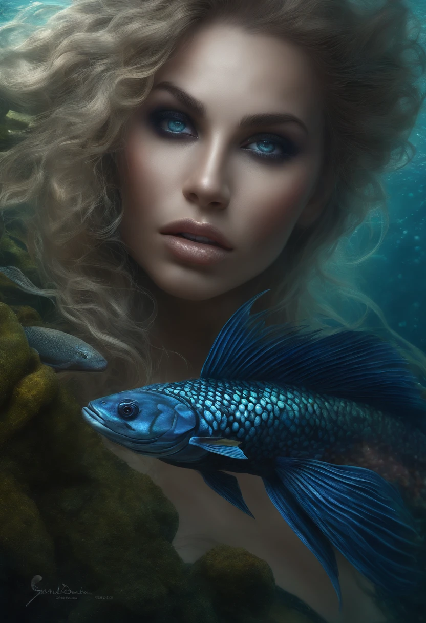 best quality,ultra-detailed,realistic,portrait,detailed face,dark blue skin,shimmering scales,glimmering eyes,sharp teeth,flowing hair,sinister expression,underwater environment,seaweed,coral reef,mysterious,haunting,ethereal color palette,strategic lighting