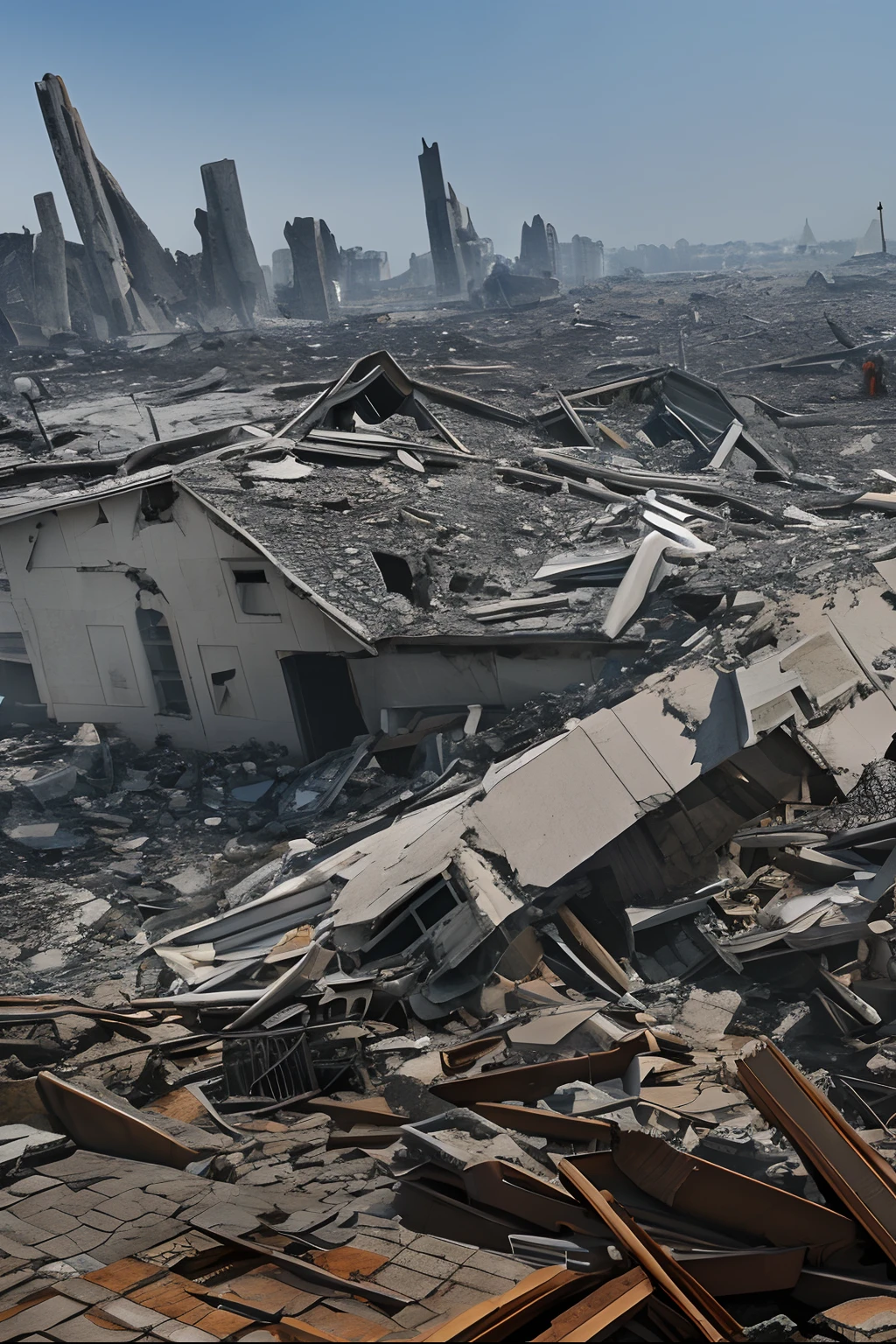 destroyed city, fallen buildings in the background, a destroyed bridge on the left, high resolution 4k --auto --s2