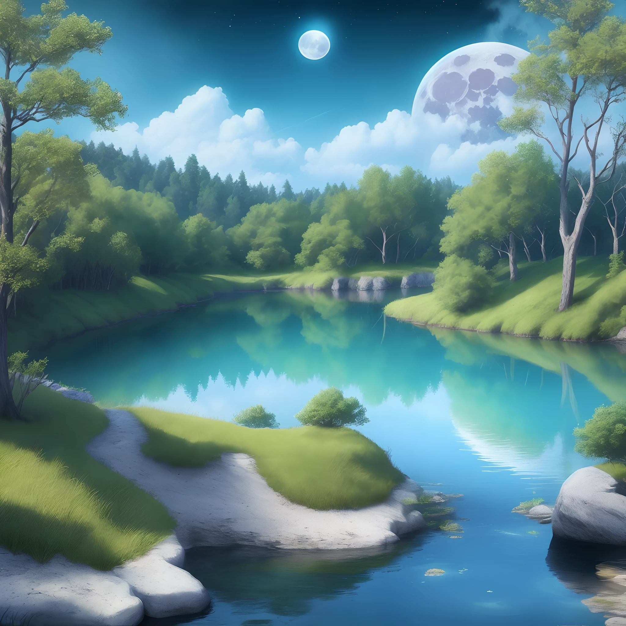 Lake, light blue, blue moon, fantasy