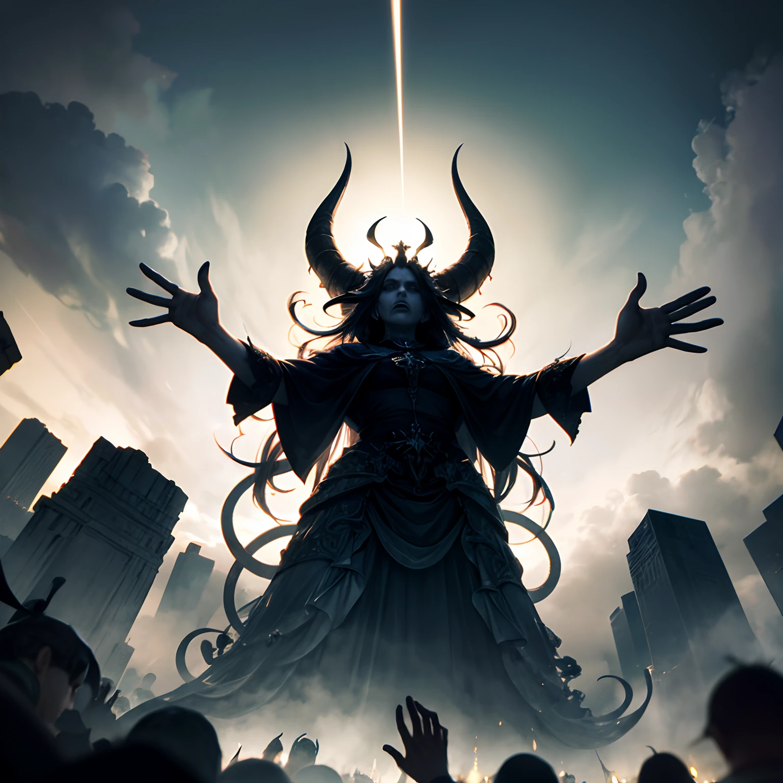 wide shot, low-key lighting, horror, from below, many hands reaching out toward the dark cloudy sky, heresy, devil worshipping BREAK extremely huge devil flying on the center