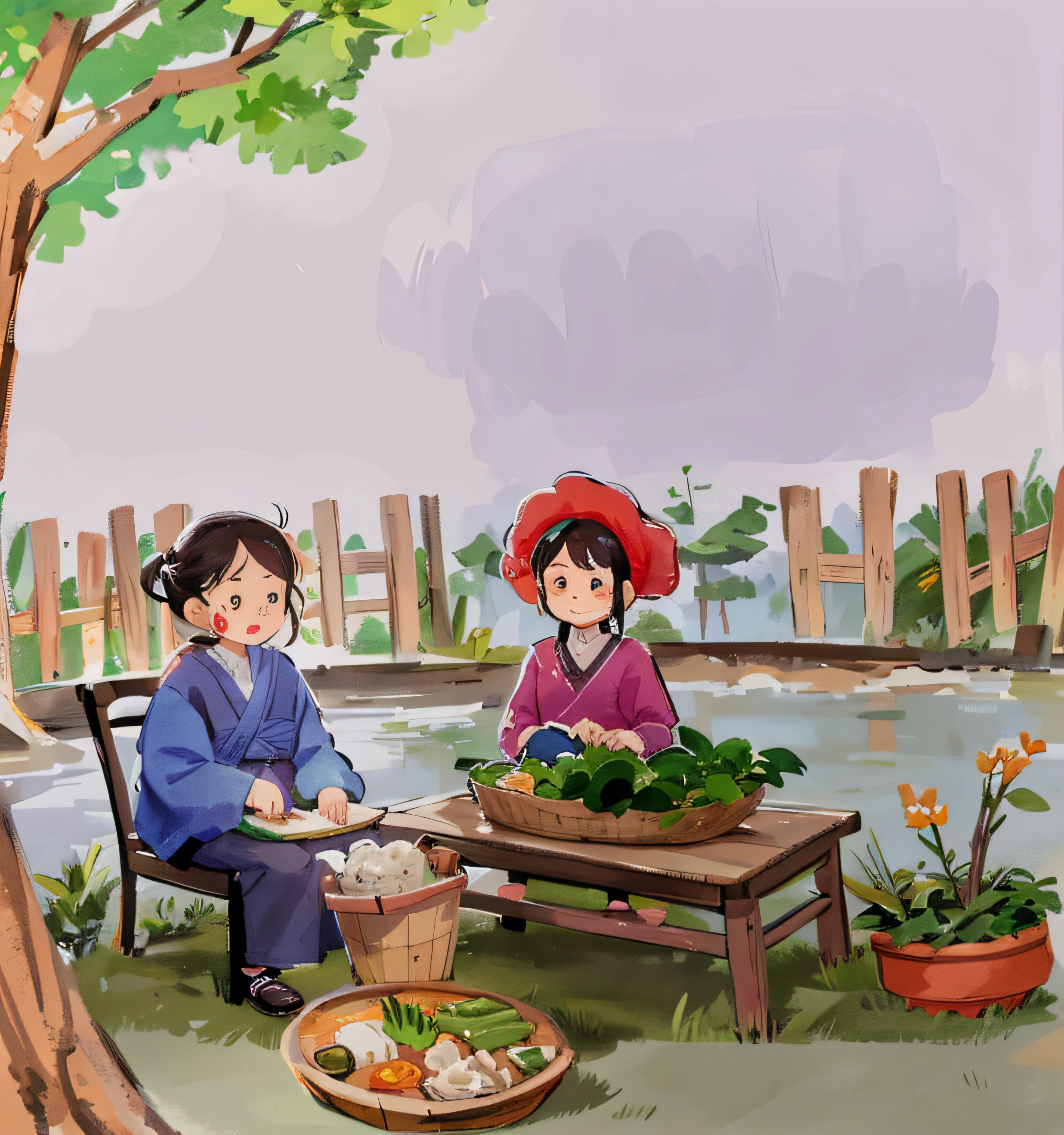 Two women making rice dumplings