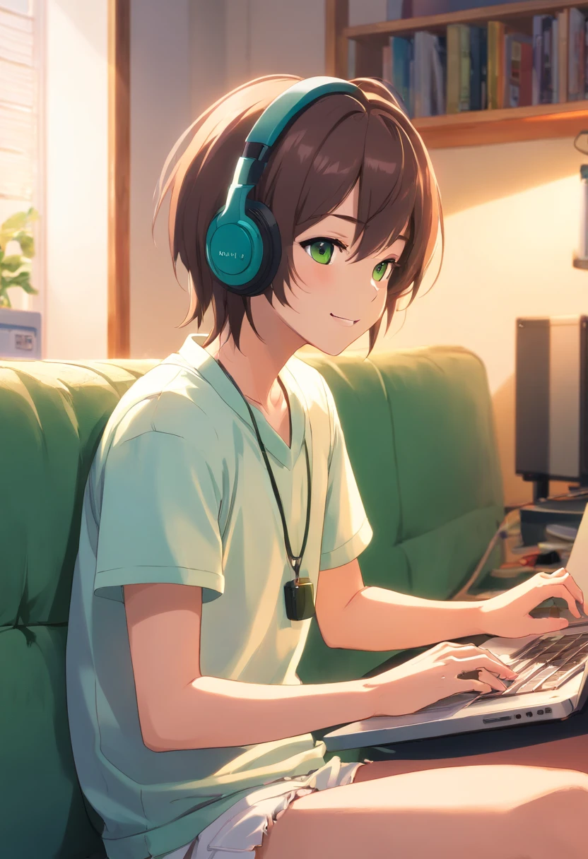 (​masterpiece、top-quality:1.2)、High school students、man、Wearing headphones around your neck、Facing diagonally forward、Standing、Viewer's Perspective、牙、A smile、Holding a laptop in your right hand、Simple backgrounds、Background Green、sitting in the couch, White buttoned shirt, Looking at Viewer, High quality, Best Quality, Bleach Anime Style