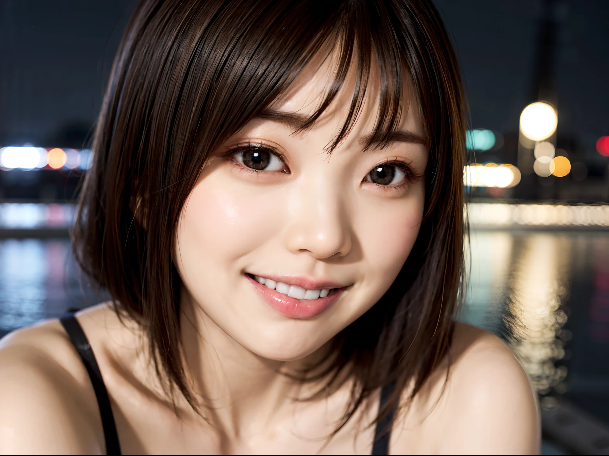 Japan girls in casual clothes、Watch your audience、Tokyo cityscape at night、(top-quality、Master masterpiece)))、HD fine、ighly detailed、Master masterpiece、电影灯光、(8K、top-quality、Master masterpiece:1.2)、(realisitic、Photorealsitic:1.37) Hi-Res、Super Detail、Woman with glasses、Silent look、Round glasses、Asian, cute little, Cute face, Solo, Short hair 1.2, Textured skin, Beautiful smile, Beautiful detailed night sky, night landscape, 电影灯光, depth of fields, Lens flare light、Dating、(blush nose)、、(Mouth closed)tiny chest、Beautiful eye for detail、(Sweaters:1.1)、(Short hair:1.2)、Floating hair Nova frog style、