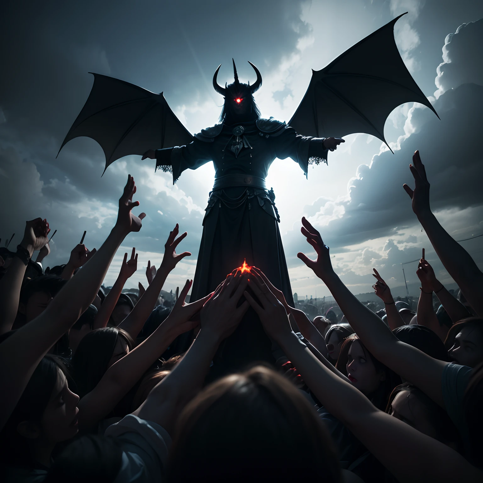 wide shot, low-key lighting, horror, from below, many hands reaching out toward the dark cloudy sky, heresy, devil worshipping BREAK extremely huge devil flying on the center