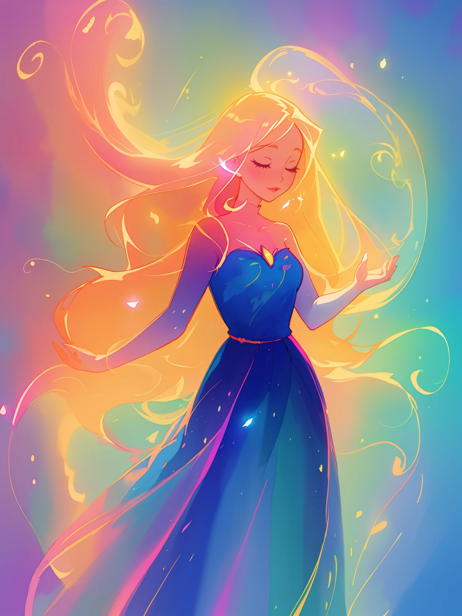 beautiful girl in flowing colorful ballgown, fairy dress, long golden hair, colorful watercolor background, inspired by Glen Keane, inspired by Lois van Baarle, disney art style, by Lois van Baarle, glowing aura around her, by Glen Keane, jen bartel, glowing lights! digital painting, flowing glowing hair, glowing flowing hair, beautiful digital illustration, fantasia otherworldly landscape plants flowers, beautiful, masterpiece, best quality, anime disney style