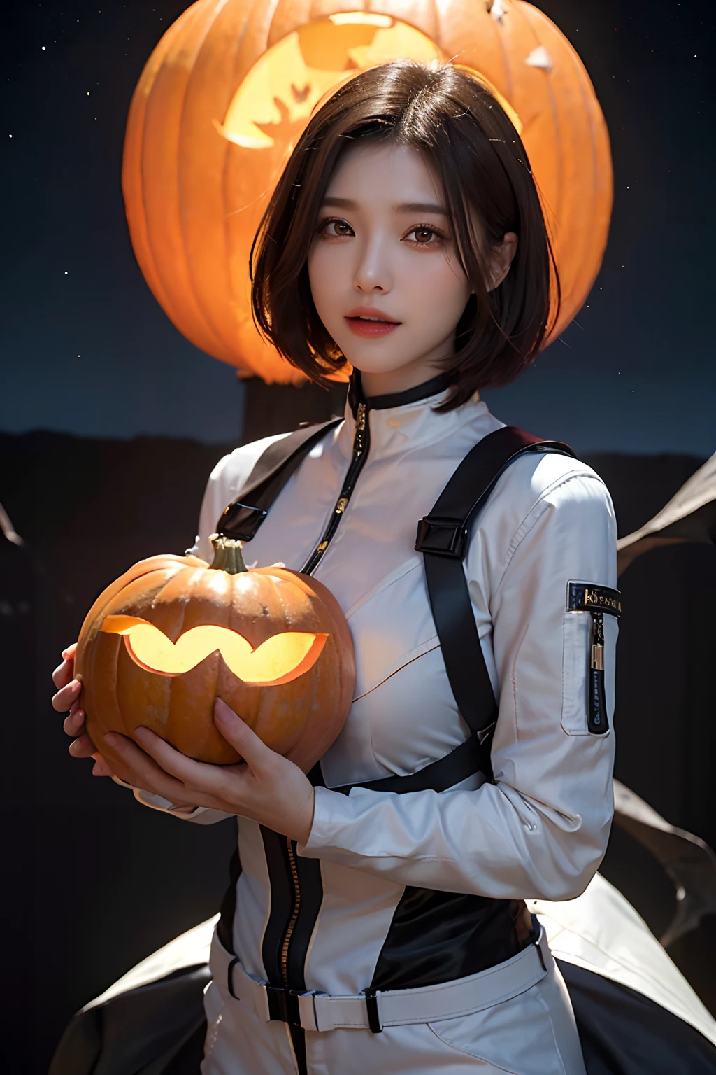 top-quality、masterpiece、超A high resolution、(realisitic:1.4)、Beautuful Women1、Beautiful detail eyes and skin、ssmile、Light brown short-cut hair、The perfect spacesuit、spaceships、cosmic space、Large pumpkin、the bats、Halloween、