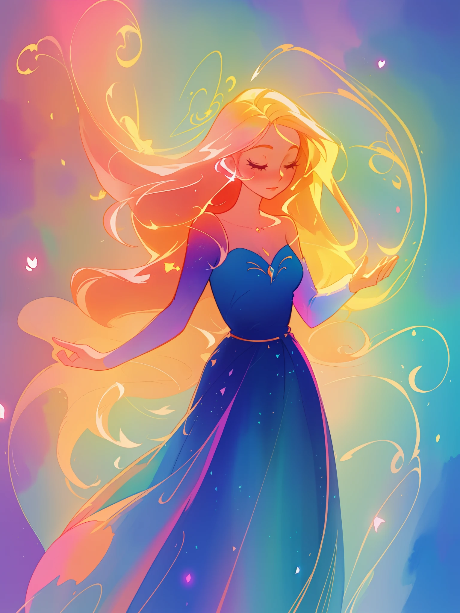 beautiful girl in flowing colorful ballgown, fairy dress, long golden hair, colorful watercolor background, inspired by Glen Keane, inspired by Lois van Baarle, disney art style, by Lois van Baarle, glowing aura around her, by Glen Keane, jen bartel, glowing lights! digital painting, flowing glowing hair, glowing flowing hair, beautiful digital illustration, fantasia otherworldly landscape plants flowers, beautiful, masterpiece, best quality, anime disney style