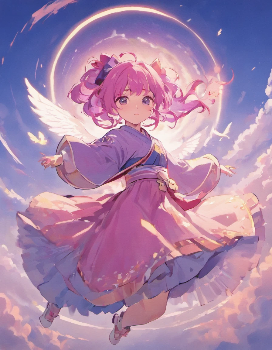 Pretty girl with purple hair wearing a hanbok sitting on a pink bird flying in a clear blue sky with Stray kids marked in the corner of the picture