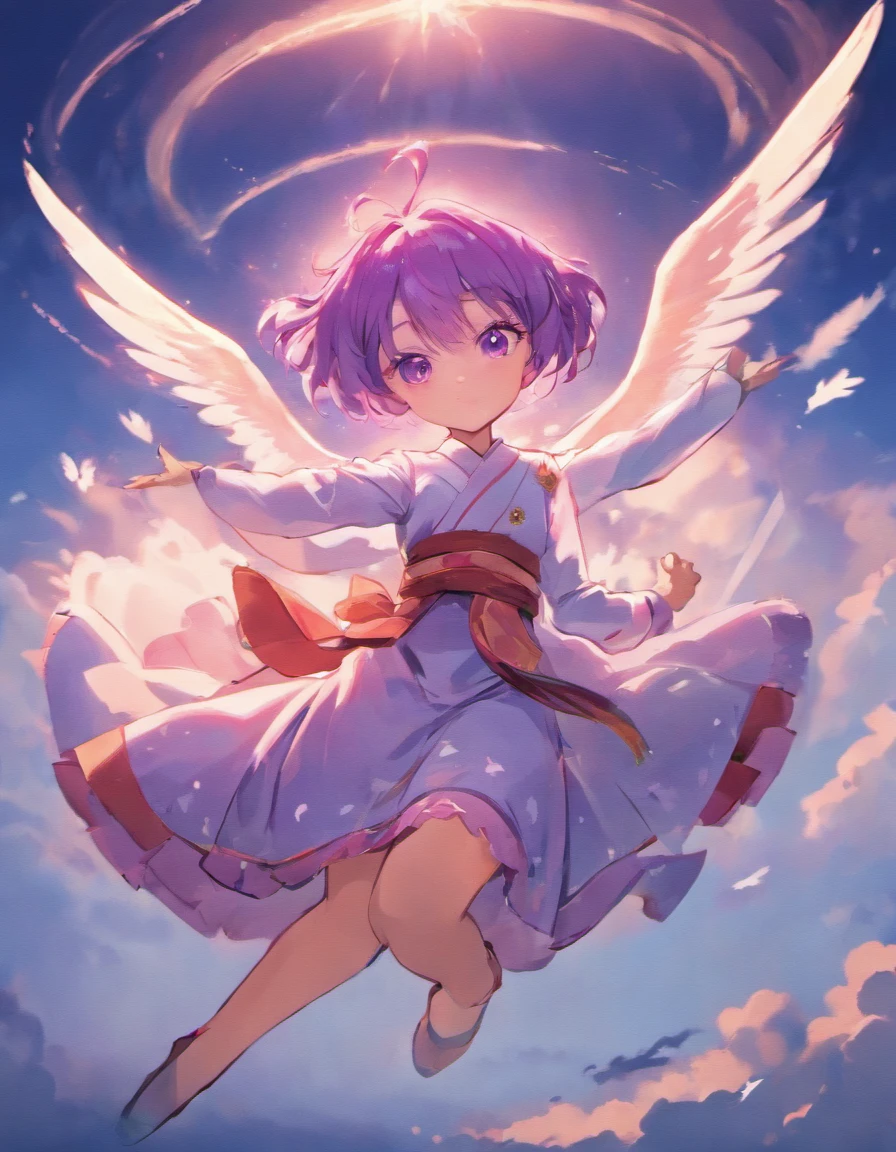 Pretty girl with purple hair wearing a hanbok sitting on a pink bird flying in a clear blue sky with Stray kids marked in the corner of the picture