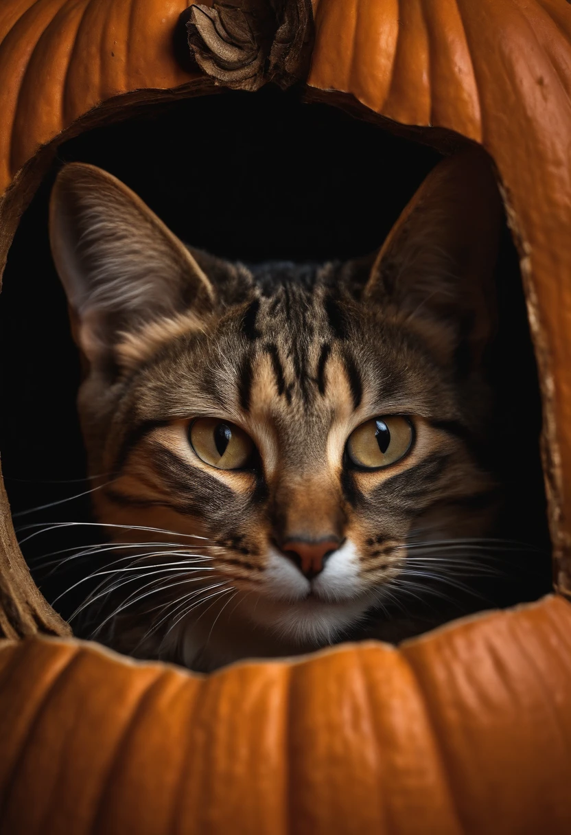 Photo of a realistic cat curiously peeking out from inside a carved pumpkin with its whiskers twitching.