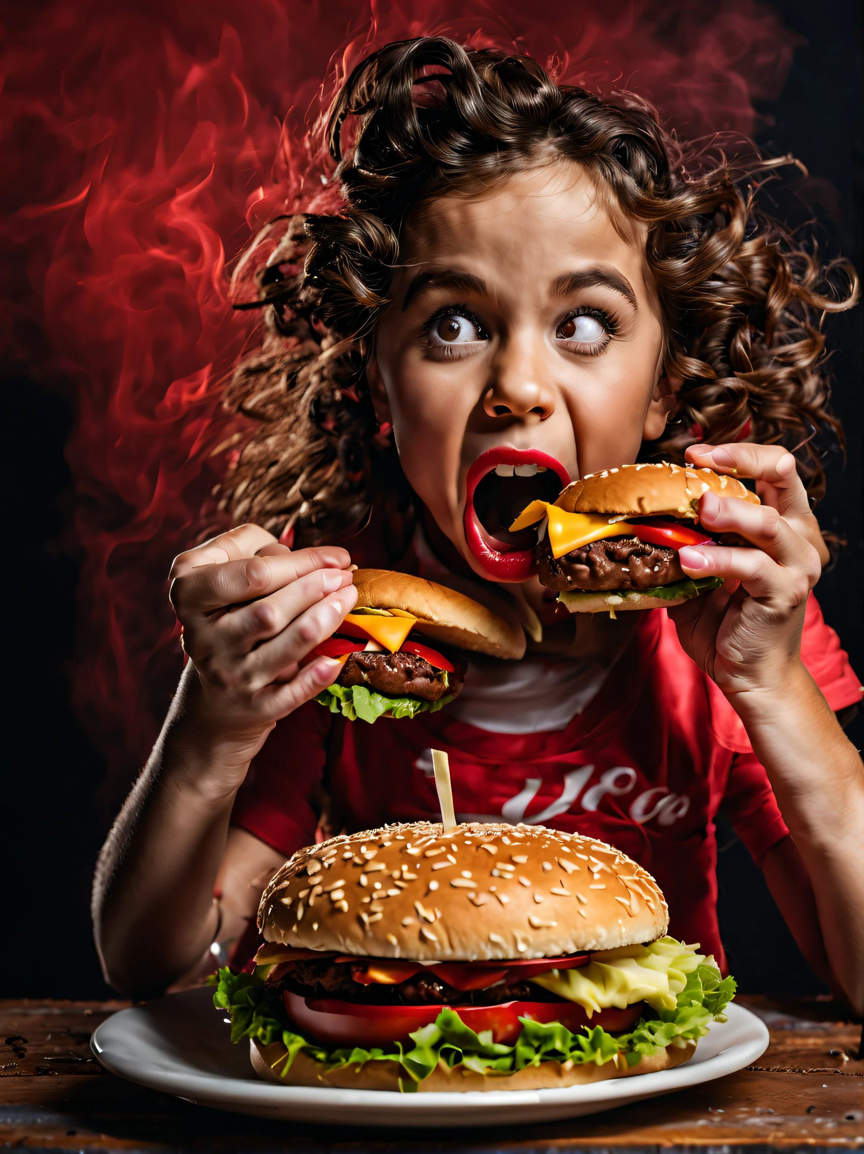 （Close-up of big mouth girl eating Big Mac hamburger）， （Open your red mouth：1.2），Dark background, quality photo, studio photo, (Lots of smoke and heat：1.2),Finished hand，Manifestations of binge eating，Exaggerated expressions，Shirley Temple