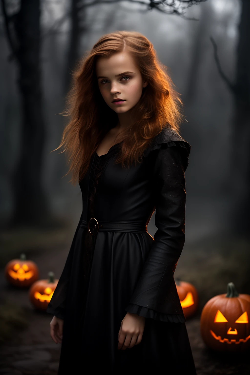 dark radial background, a young woman, 20 years, russian redhead, young witch, emma Watson:0.7, erotic:0.6, mj, natural skin texture, slate gray atmosphere at background, rim light, Halloween, biohazard, cstle