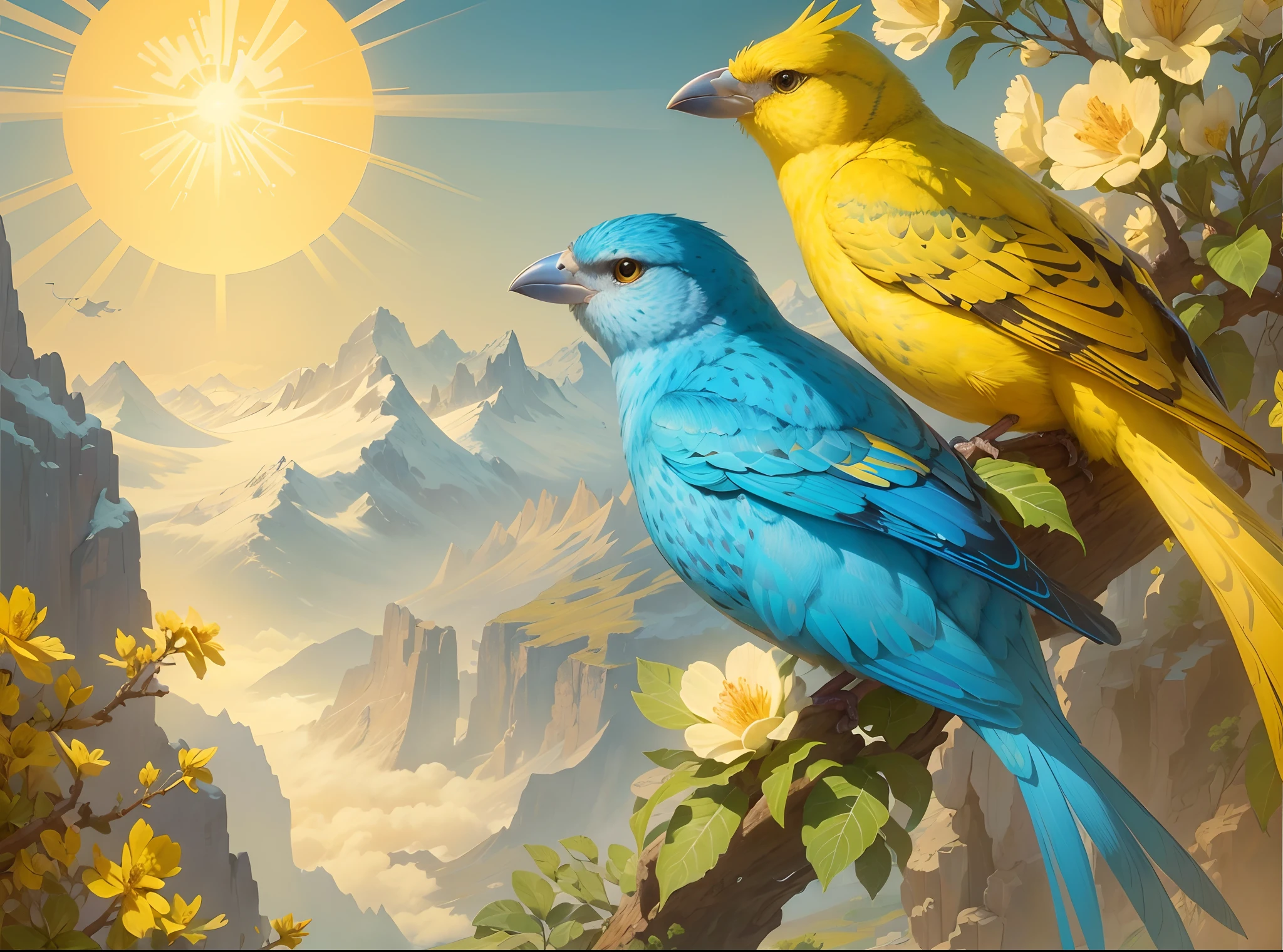 canary birds on a branch, epic, beautiful art, fractal, psychedelic, dramatic, high quality, best quality, intricate details, digital painting, trending on artstation, masterpiece, swiss alps in the distance, beautiful day, sunrise
