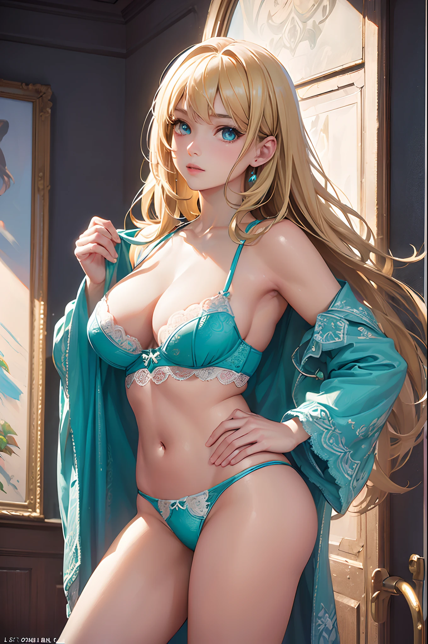 (photorealistic:1.4), (masterpiece, sidelight, detailed beautiful eyes: 1.2), masterpiece*portrait, realistic, 3D face, glowing eyes, glossy hair, glossy skin, solo, embarrassed, (midsection ), turquoise underwear, blonde hair, sexy, lace underwear