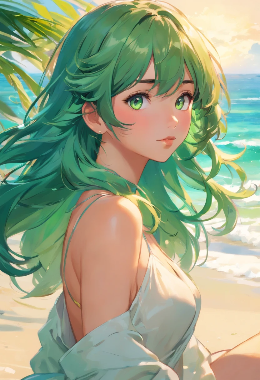 1girl, (anime, 8k, master part, Qualidade Superior, best quality, Beautiful and Aesthetic, professional illustration, ultra detalhe, perfect lighting, sombreamento perfeito, Nitidez perfeita), {(Cor do cabelo, Estilo de cabelo, cabelo bonito, cabelo detalhado)}, {(Cor dos olhos, Olhos detalhados, Olhos bonitos)}, {(Rosto detalhado, nariz detalhado, boca detalhada, cara bonita)}, {(TIPO DE CORPO E COR DA PELE, Corpo Perfeito, perfect arms, perfect hands, pernas perfeitas, corpo detalhado, Corpo bonito)}, {(Clothes, roupas detalhadas, Roupas bonitas)}, {(Position, Action, expression)}, {(Landscape, Paisagem ultra detalhada, Paisagem muito bonita, paisagem de alta qualidade)}, {(((anatomia perfeita, NSFW, adulto, seios, mamilos, cabelos longos verdes, praia, deitada na areia, pernas abertas)))}