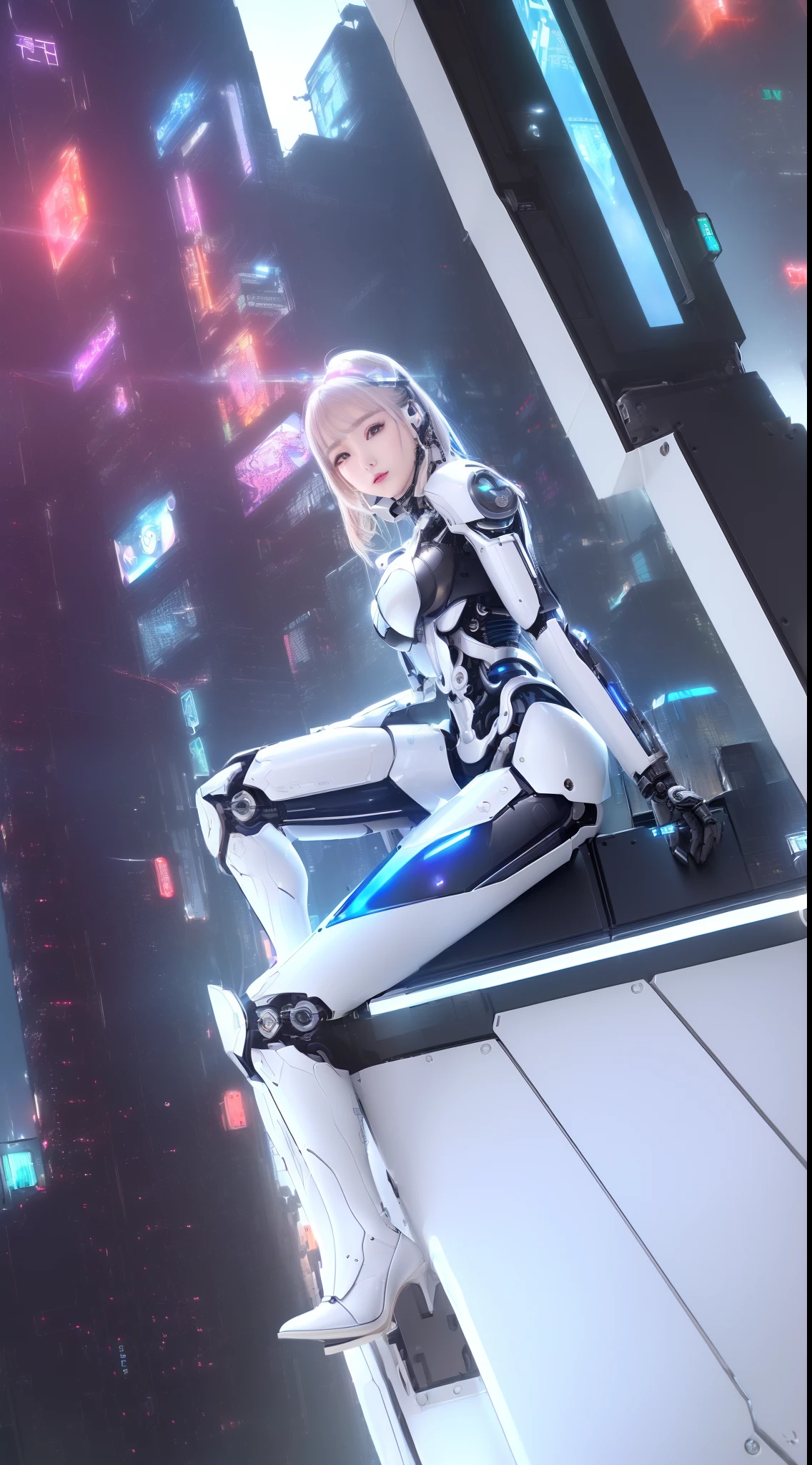 ((masutepiece)), ((top-quality), high quarity、ultra-definition, (Realistic),  ((well proportioned face))、fulcolor 、(scientific fiction)、(独奏)、Beautiful robot woman without heart、Emotionless combat robot、(Perfect robot joint)、(Detailed electronic board)、(Machine frame)、(White porcelain mechanical armor)、(Oval curvaceous face)、(Almond-shaped eyes without heart)、thin mouth、deadpan、((Perfect mechanical two-handed))、(Cyberpunk City during the day)、Perfect robot legs、lying on floor、From  above、high-heels