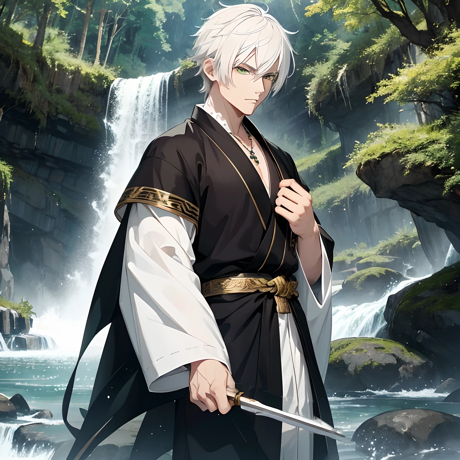 White hair, dark Green eyes, far away, masculine, anime, shoujo style, wearing black and gold chinese anime robe, necklace, natural waterfall background, dagger