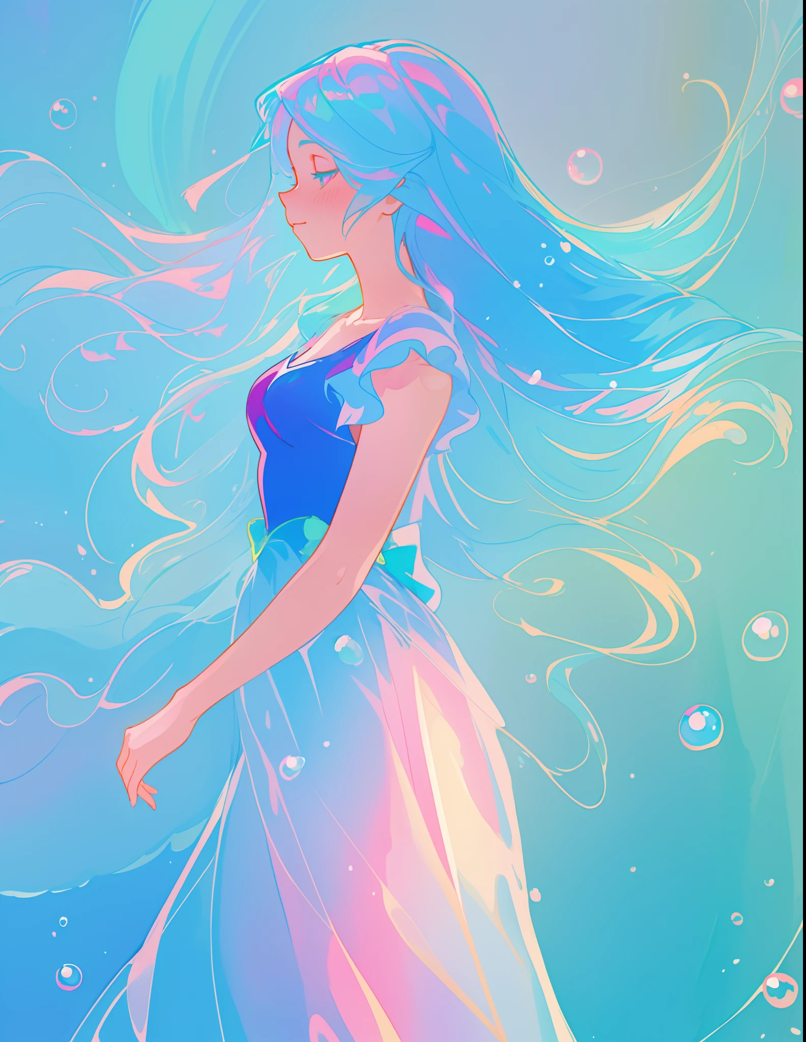 beautiful girl in colorful flowing ballgown, fairy dress, long flowing blue hair, blue aqua mint and pink colors, bubbles, watercolor illustration, inspired by Glen Keane, inspired by Lois van Baarle, disney art style, by Lois van Baarle, glowing aura around her, by Glen Keane, jen bartel, glowing lights! digital painting, flowing glowing hair, glowing flowing hair, beautiful digital illustration, fantasia otherworldly landscape plants flowers, beautiful, masterpiece, best quality, anime disney style