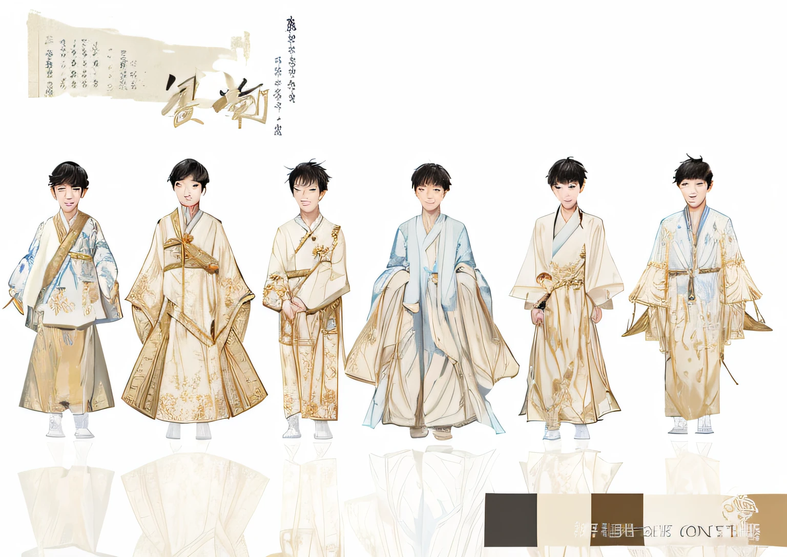 Close-up of a group of people dressed in traditional clothing, Traditional Chinese clothing, clothing design, Wearing ancient Chinese clothes, Robe with blue characters, Inspired by Zhang Han, Blue Hanfu, concept art of single boy, inspired by Huang Gongwang, costume design made with love, Blue cloth robe, Inspired by Tang Yifen, each wearing correct era clothes