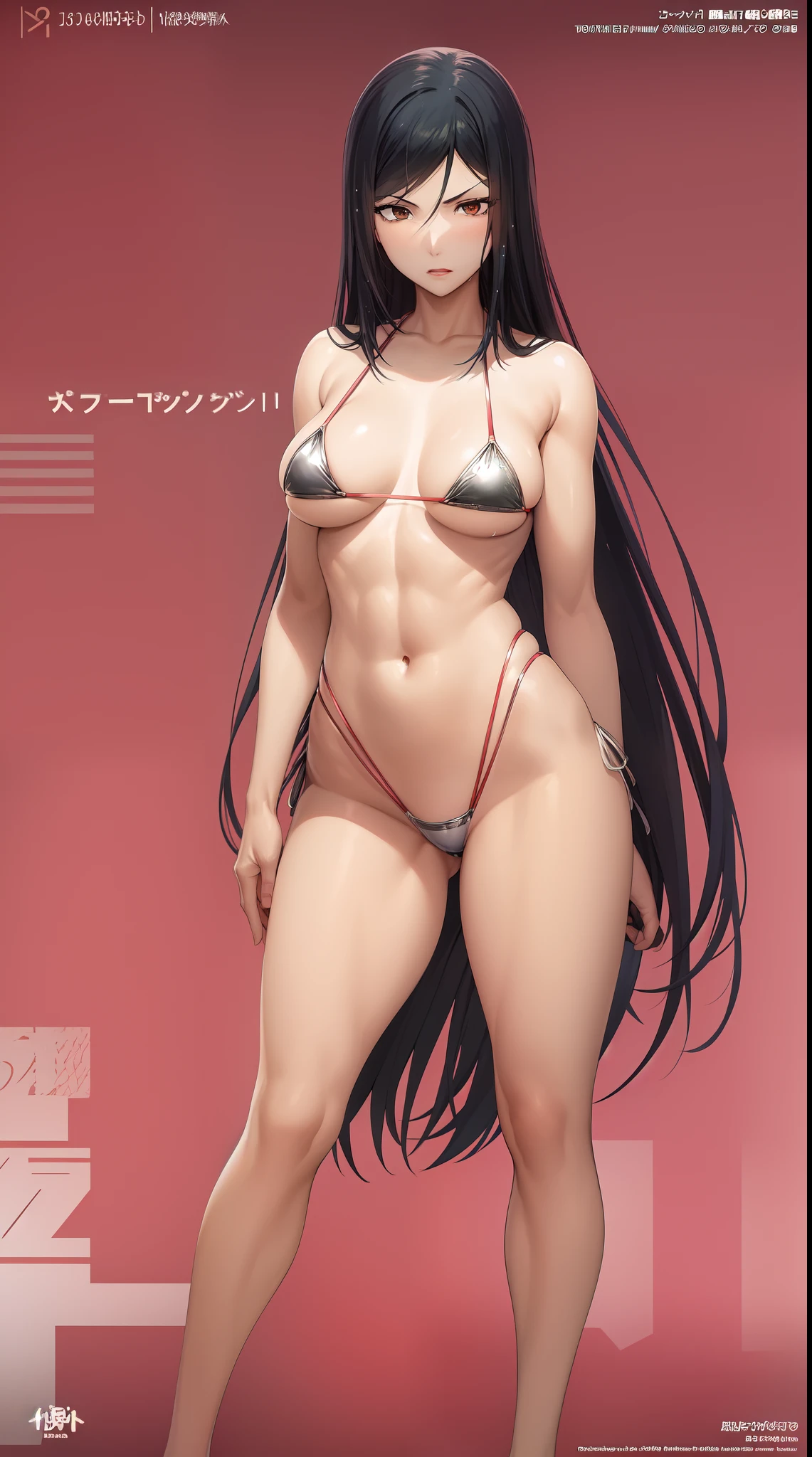 Kurihara Mari prison school, Black long hair, brown eyes, blushing, big breasts, wearing high strip thong bikini, standing in the beach, sunrise, shiny skin, wet body, abs, muscle, six pack, dynamic pose, full body view ,