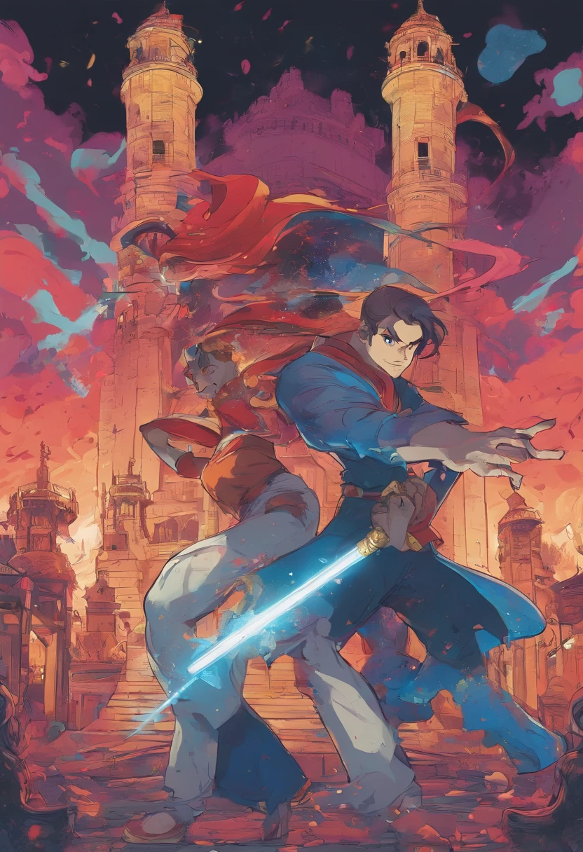 Two young boys playing with Jedi lightsabers, one wearing a Batman symbol shirt and using a blue lightsaber, and the other wearing a Superman symbol shirt and using a red lightsaber. In the background, a landscape with a sky in shades of blue and wine with a castle made of playing cards and two towers, and in the window of the right tower a princess throwing confetti, while in the left tower there is a shadow with a wide smile and yellow eyes.